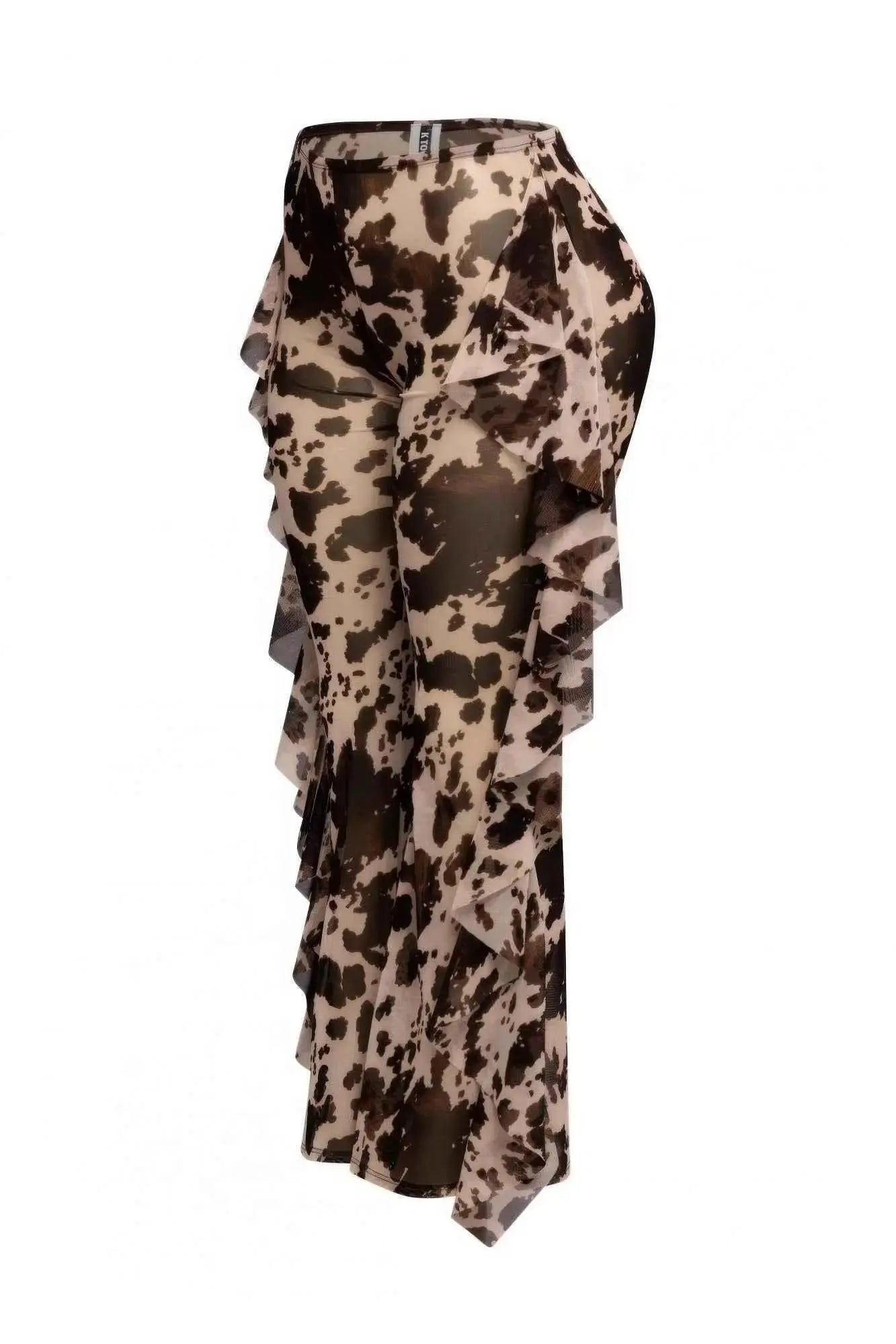 Side Ruffle Detailed Printed Mesh Pants - Mr Lou’s Place