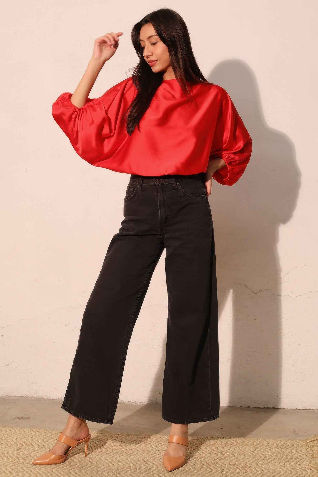 Silky Satin Boat Neck Blouson Top - Mr Lou’s Place