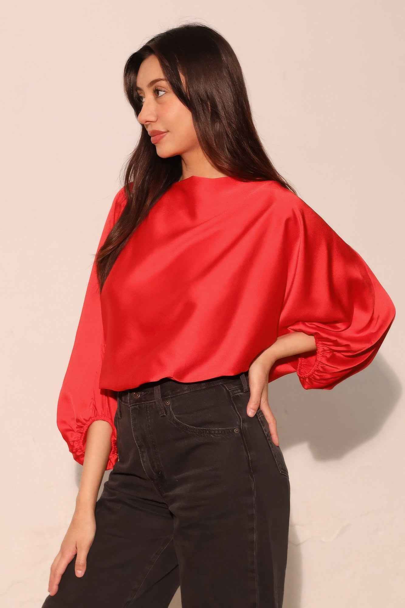 Silky Satin Boat Neck Blouson Top - Mr Lou’s Place