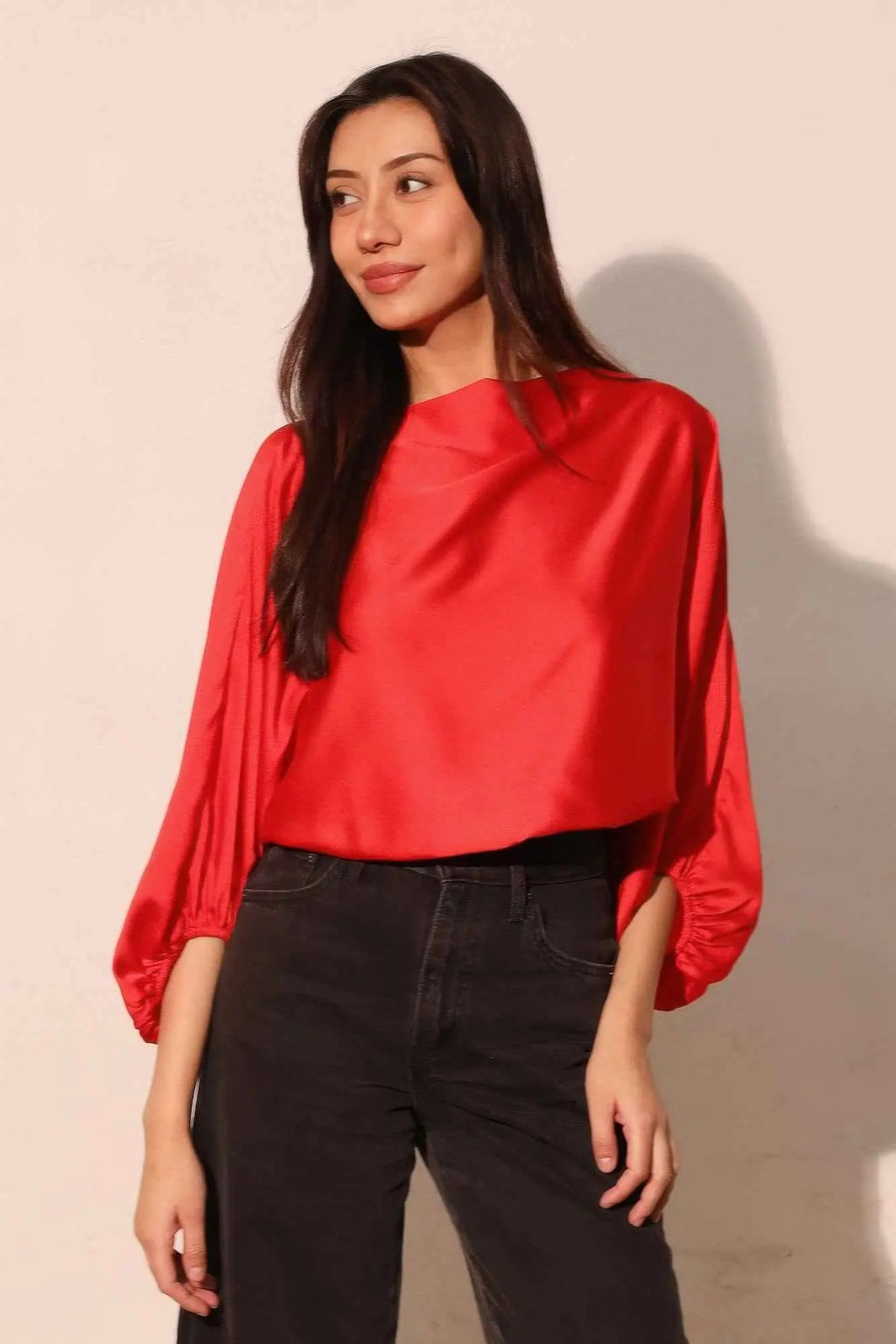Silky Satin Boat Neck Blouson Top - Mr Lou’s Place