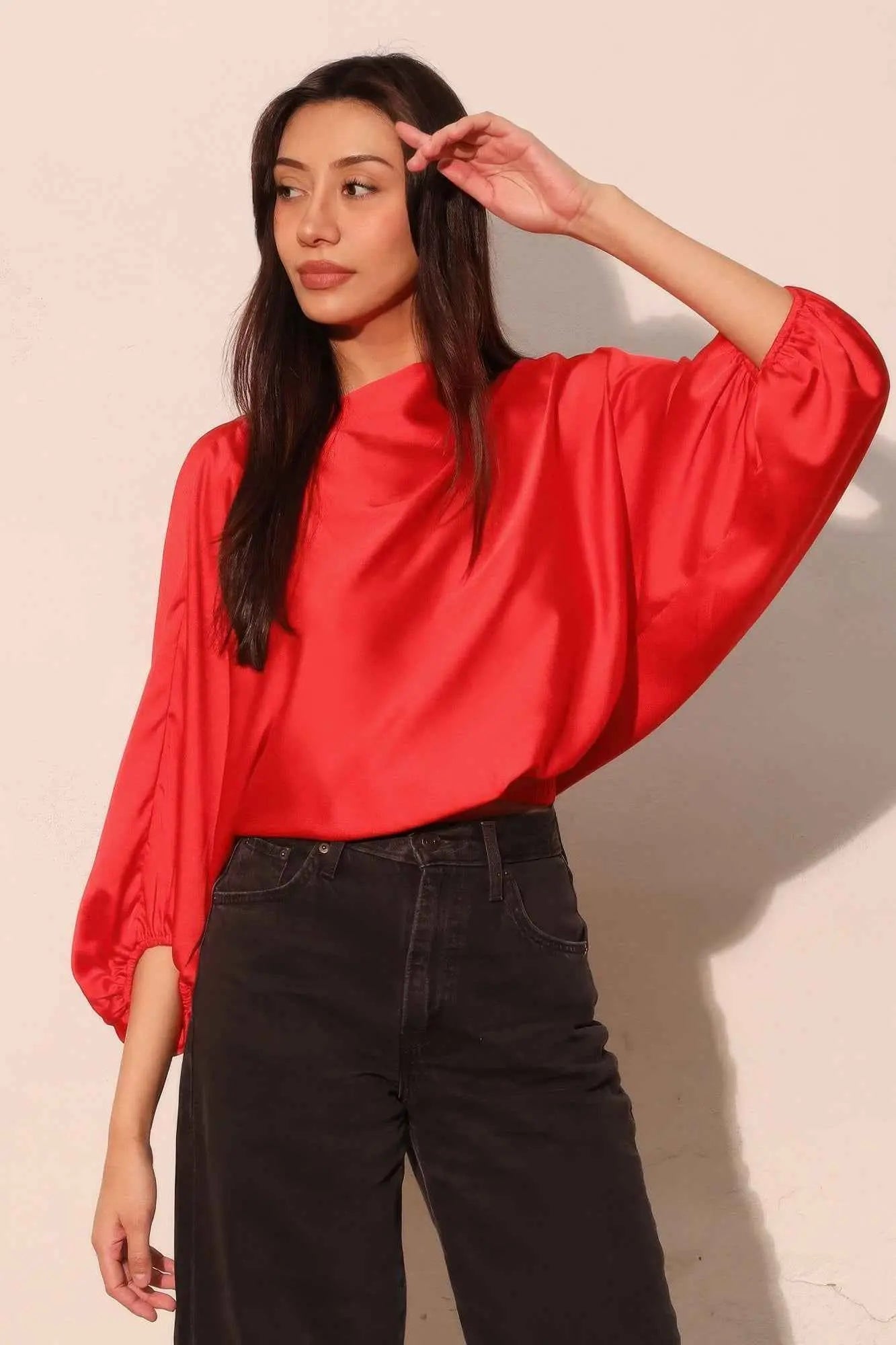 Silky Satin Boat Neck Blouson Top - Mr Lou’s Place