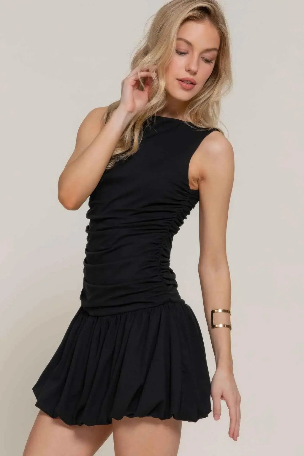 Sleeveless Boat Neck Voluminous Mini Dress - Mr Lou’s Place