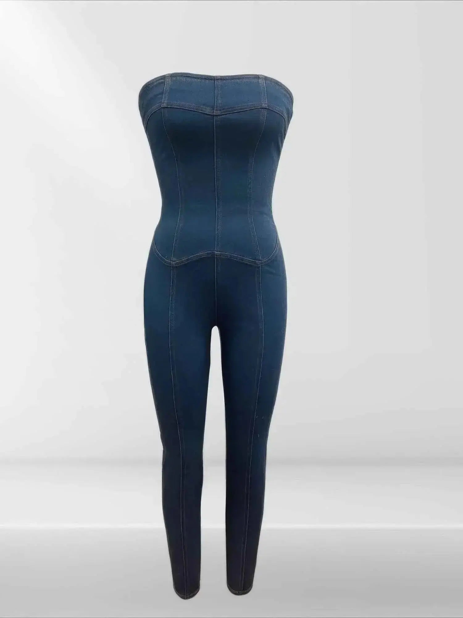 Strapless Denim Jumpsuit With Lace Up Back - Mr Lou’s Place