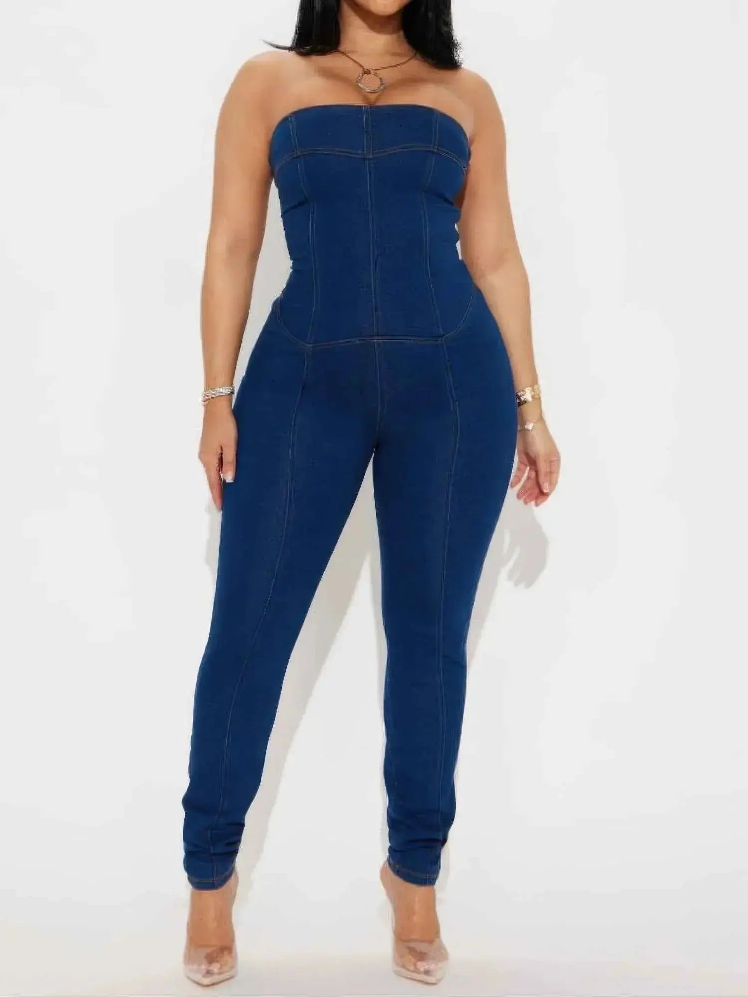 Strapless Denim Jumpsuit With Lace Up Back - Mr Lou’s Place