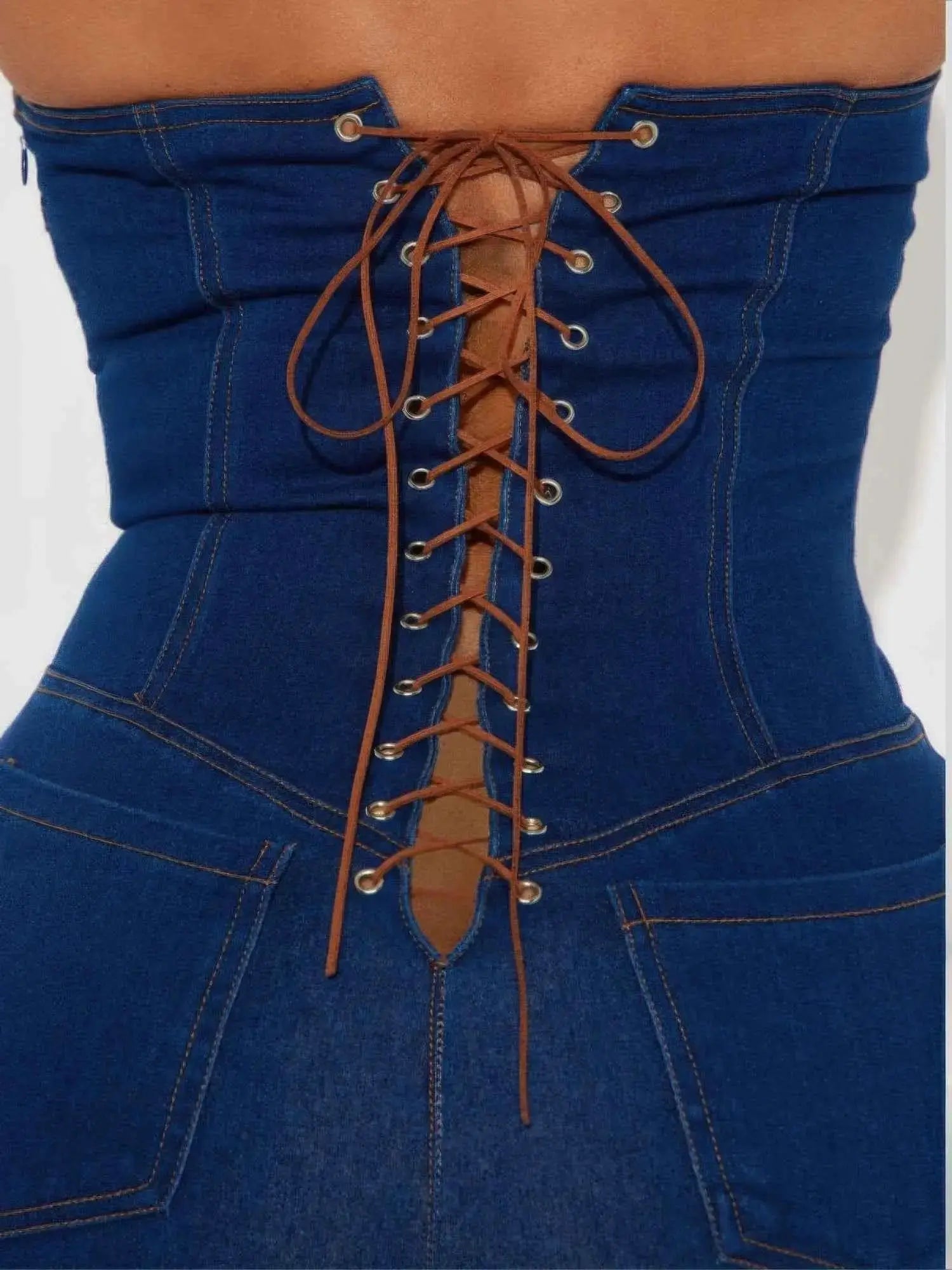Strapless Denim Jumpsuit With Lace Up Back - Mr Lou’s Place