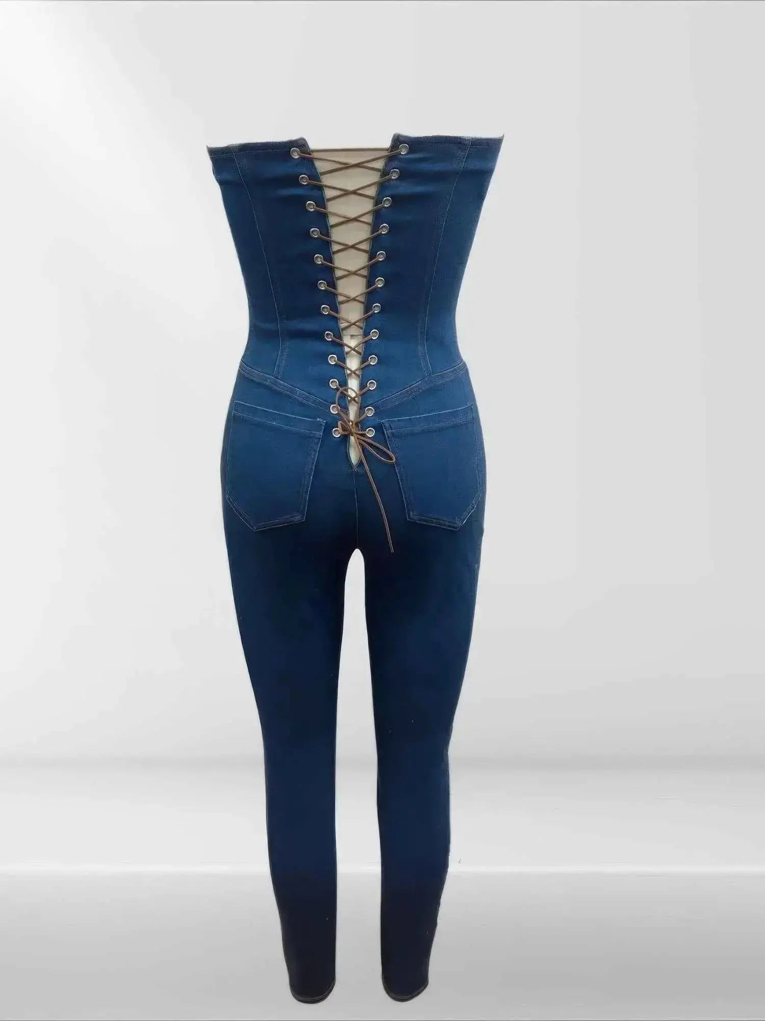 Strapless Denim Jumpsuit With Lace Up Back - Mr Lou’s Place