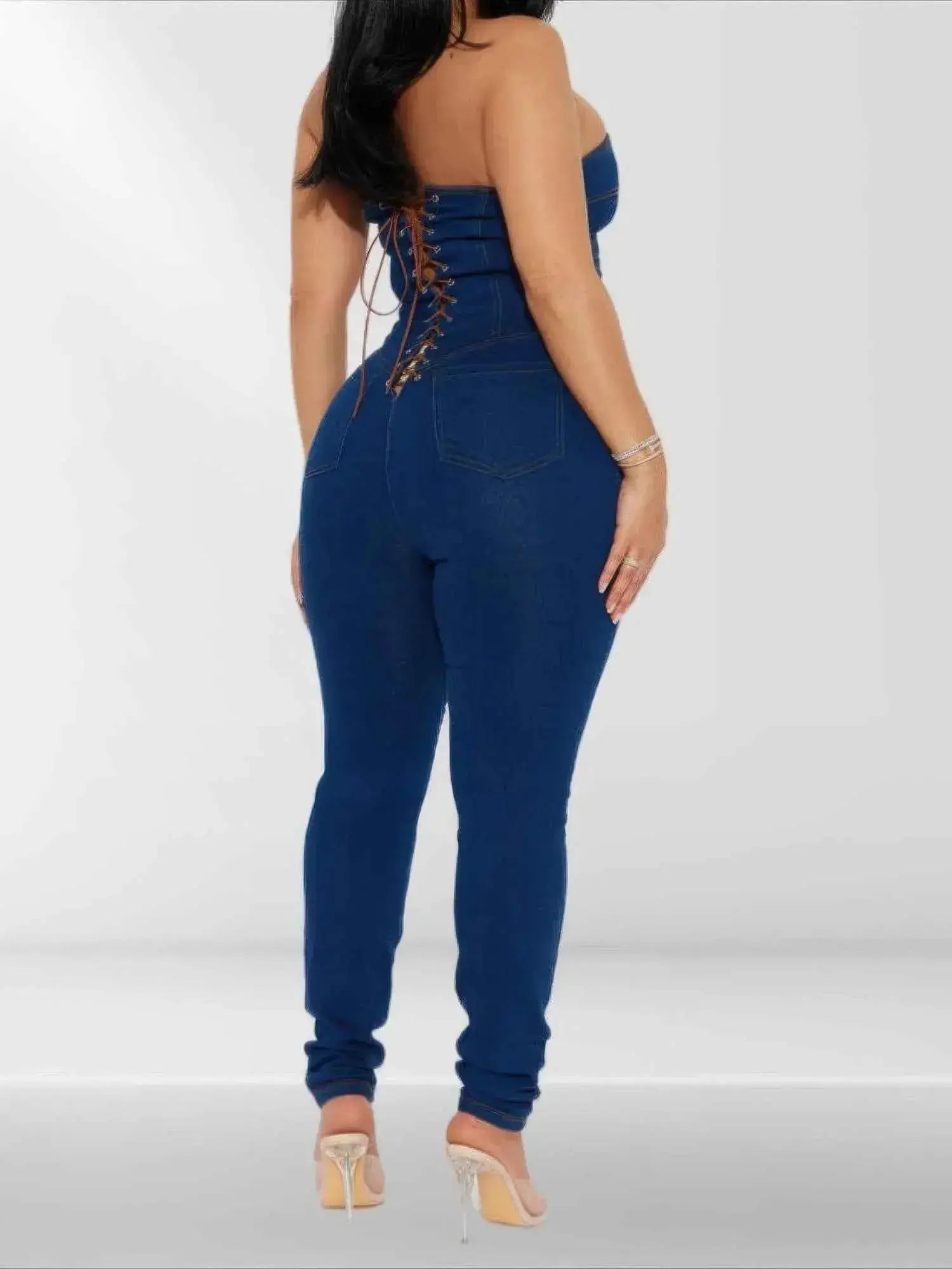 Strapless Denim Jumpsuit With Lace Up Back - Mr Lou’s Place