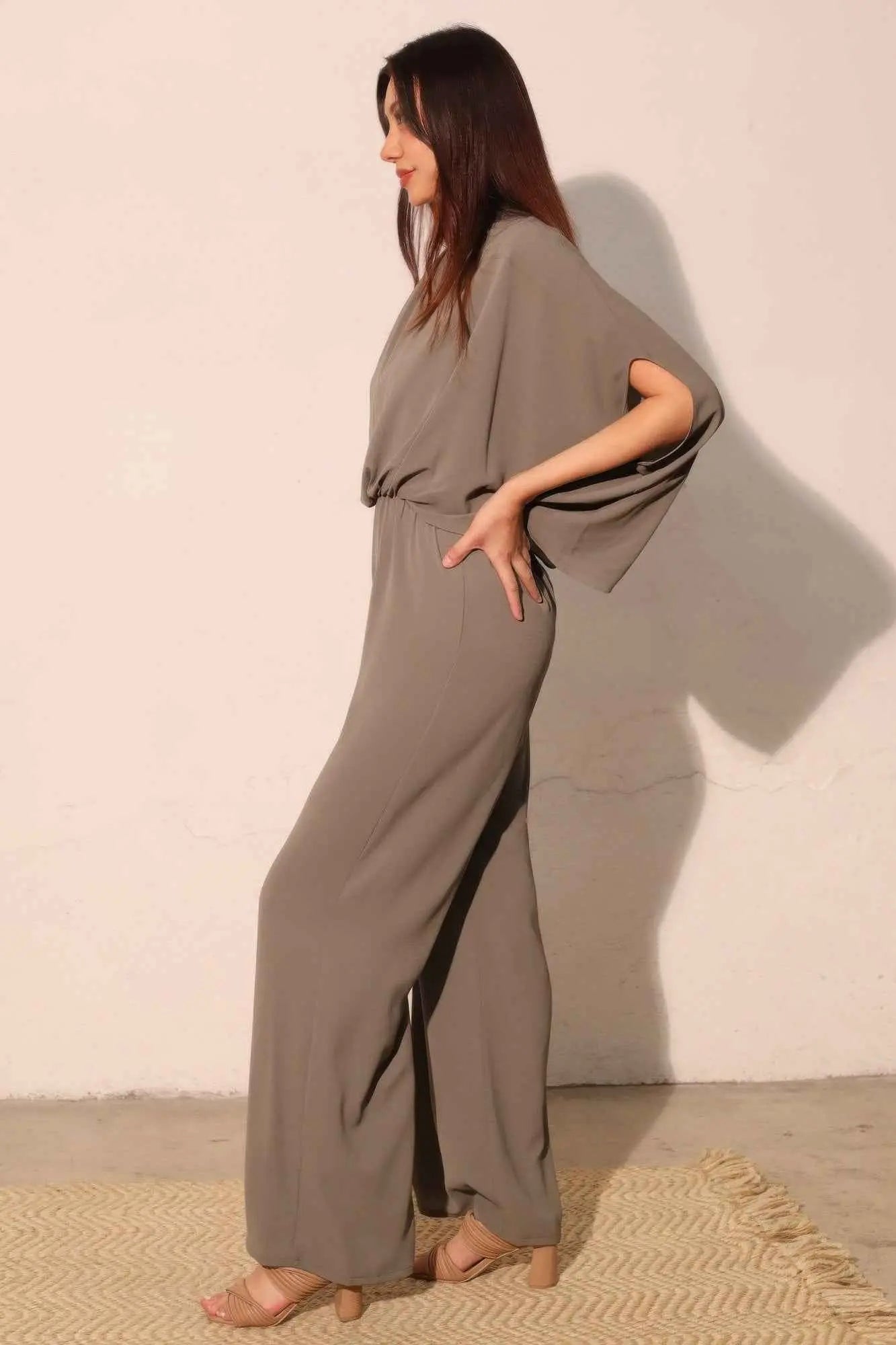 Textured Solid Mock Neck Caftan Jumpsuit - Mr Lou’s Place