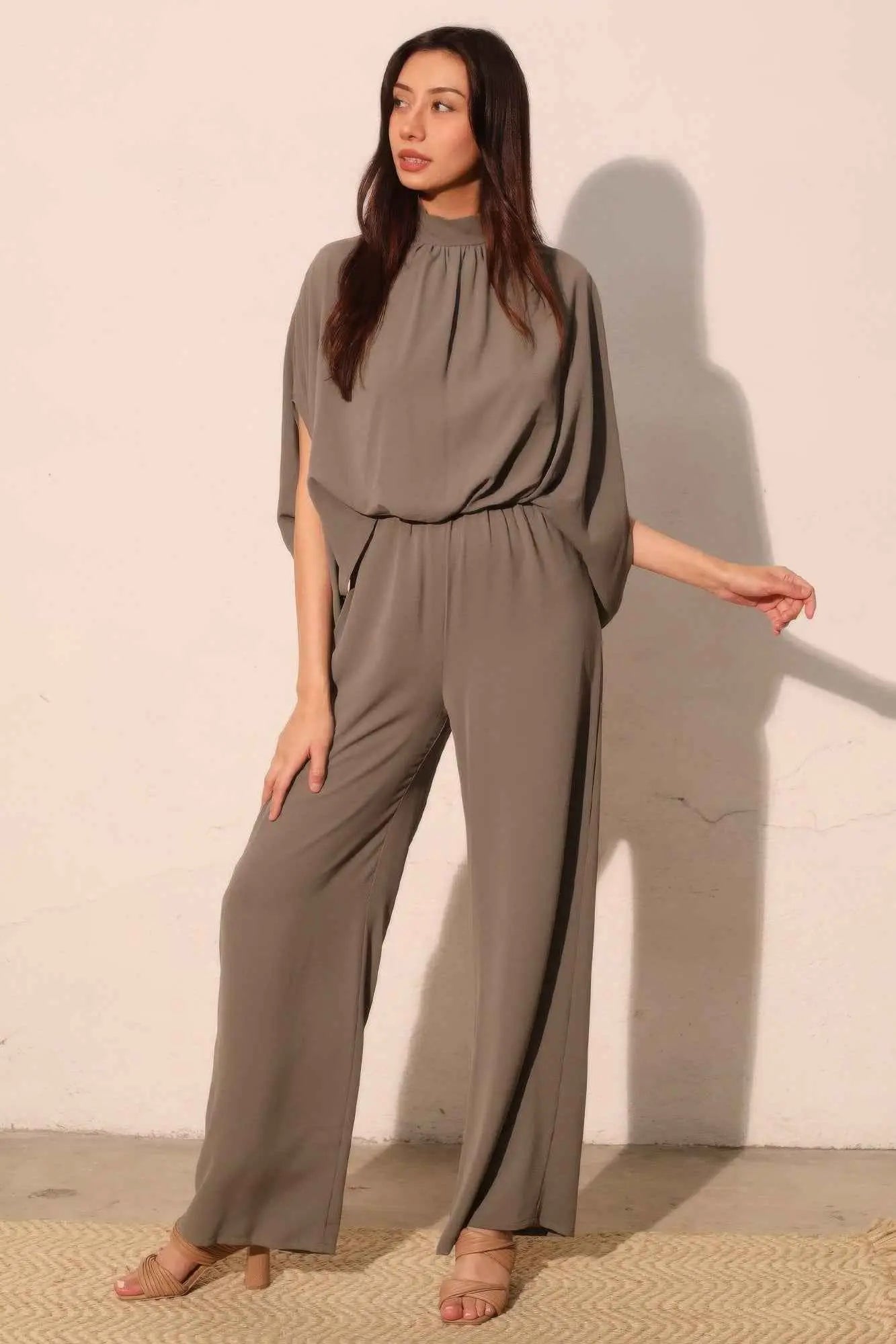 Textured Solid Mock Neck Caftan Jumpsuit - Mr Lou’s Place