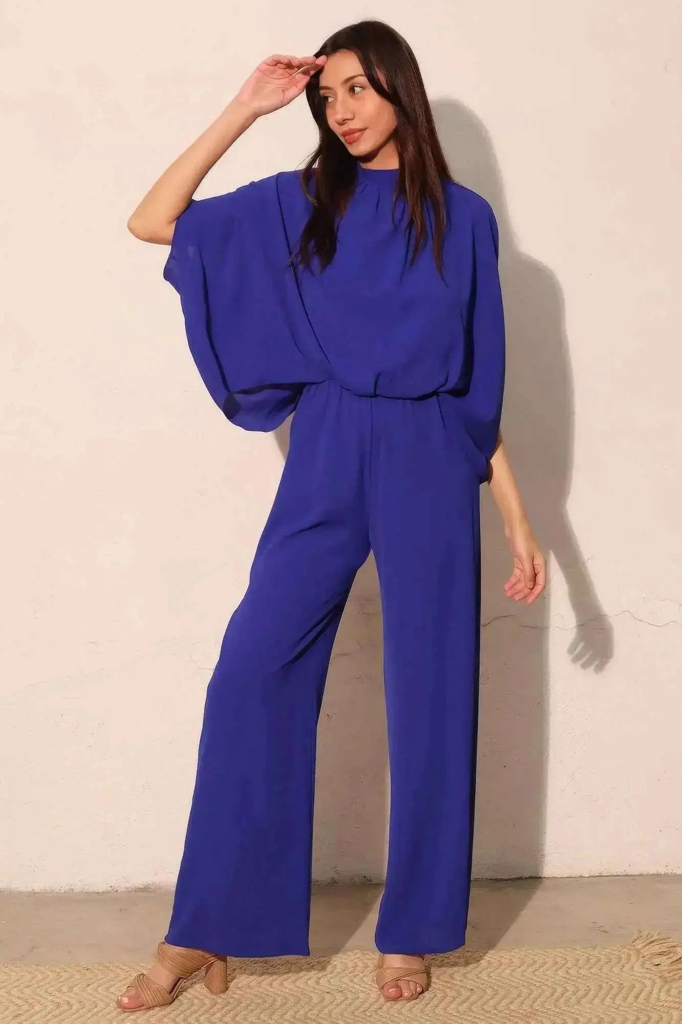 Textured Solid Mock Neck Caftan Jumpsuit - Mr Lou’s Place