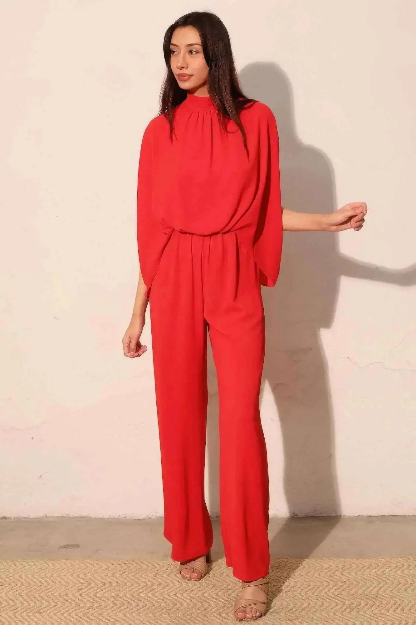 Textured Solid Mock Neck Caftan Jumpsuit - Mr Lou’s Place
