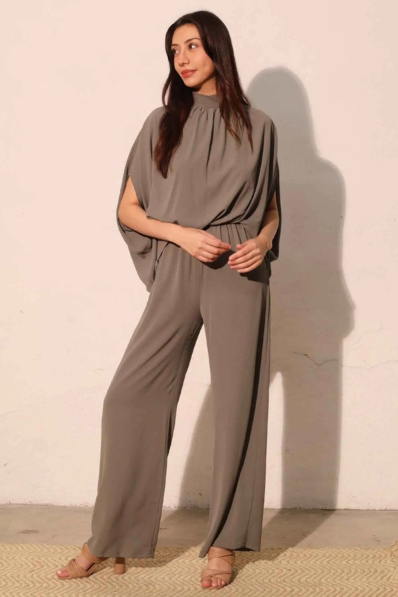 Textured Solid Mock Neck Caftan Jumpsuit - Mr Lou’s Place