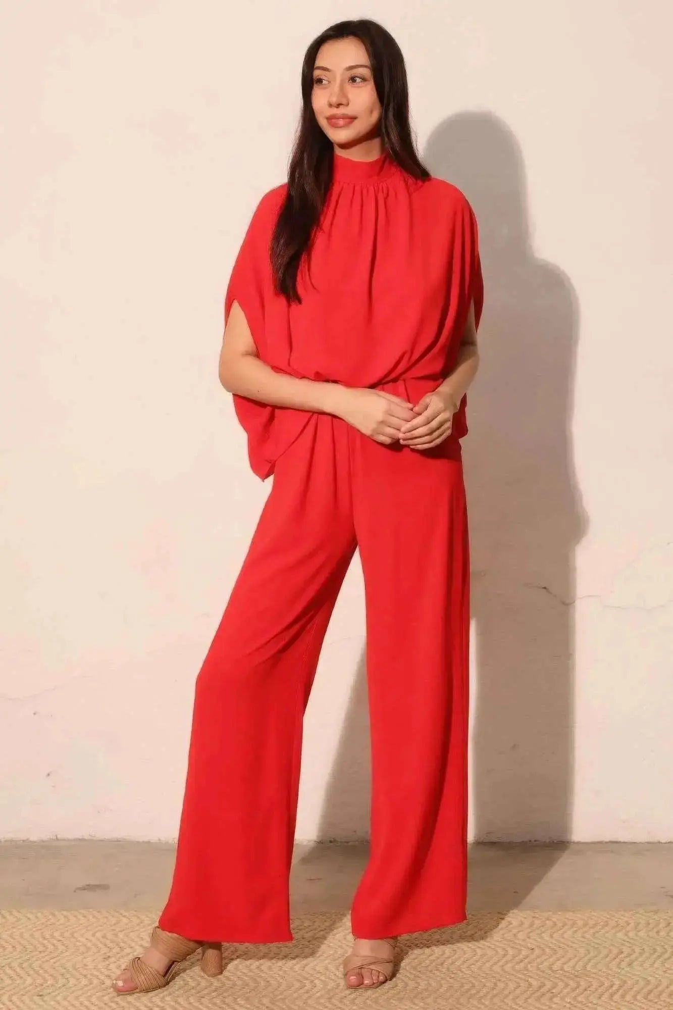 Textured Solid Mock Neck Caftan Jumpsuit - Mr Lou’s Place