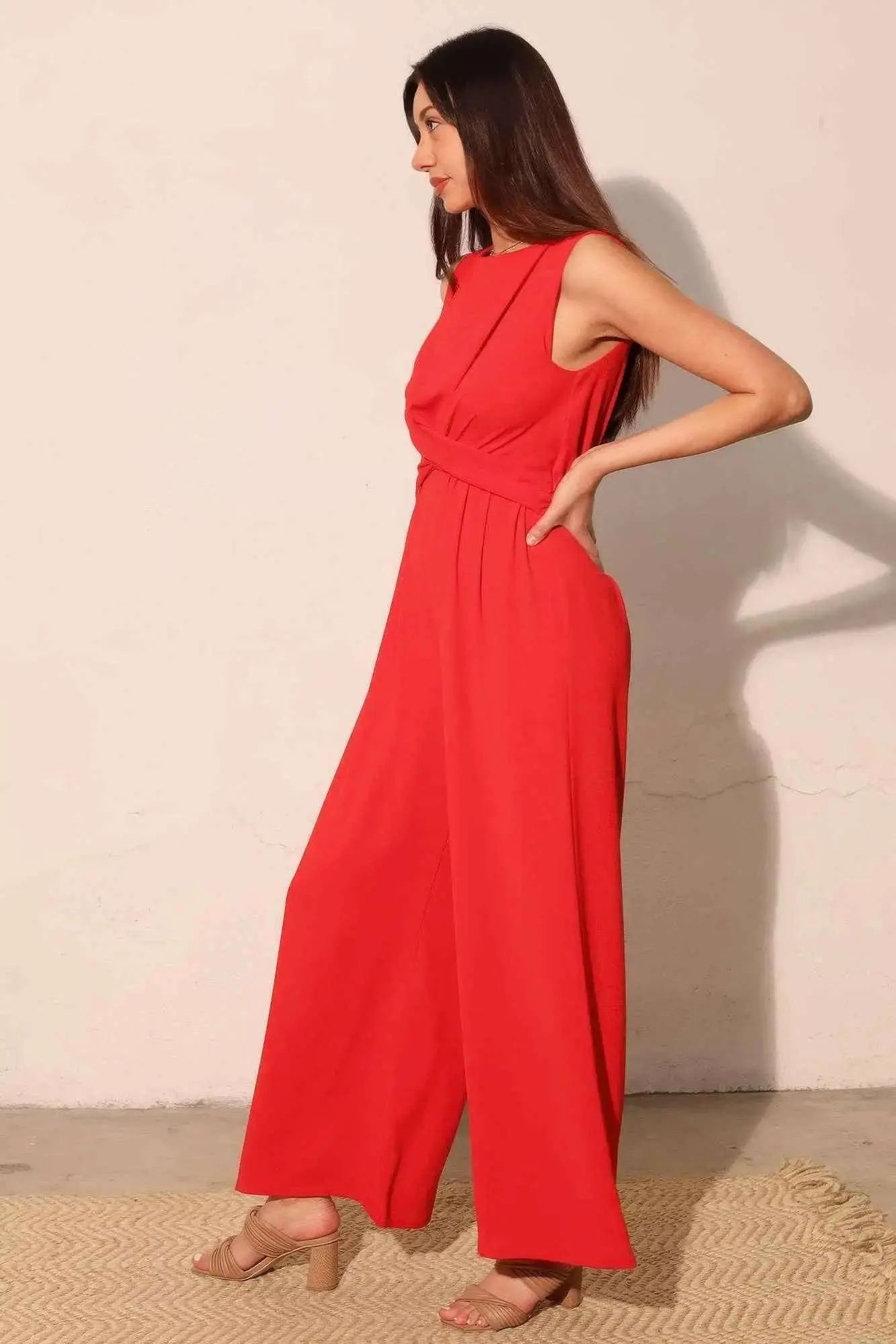 Textured Solid Twist Front Jumpsuit - Mr Lou’s Place
