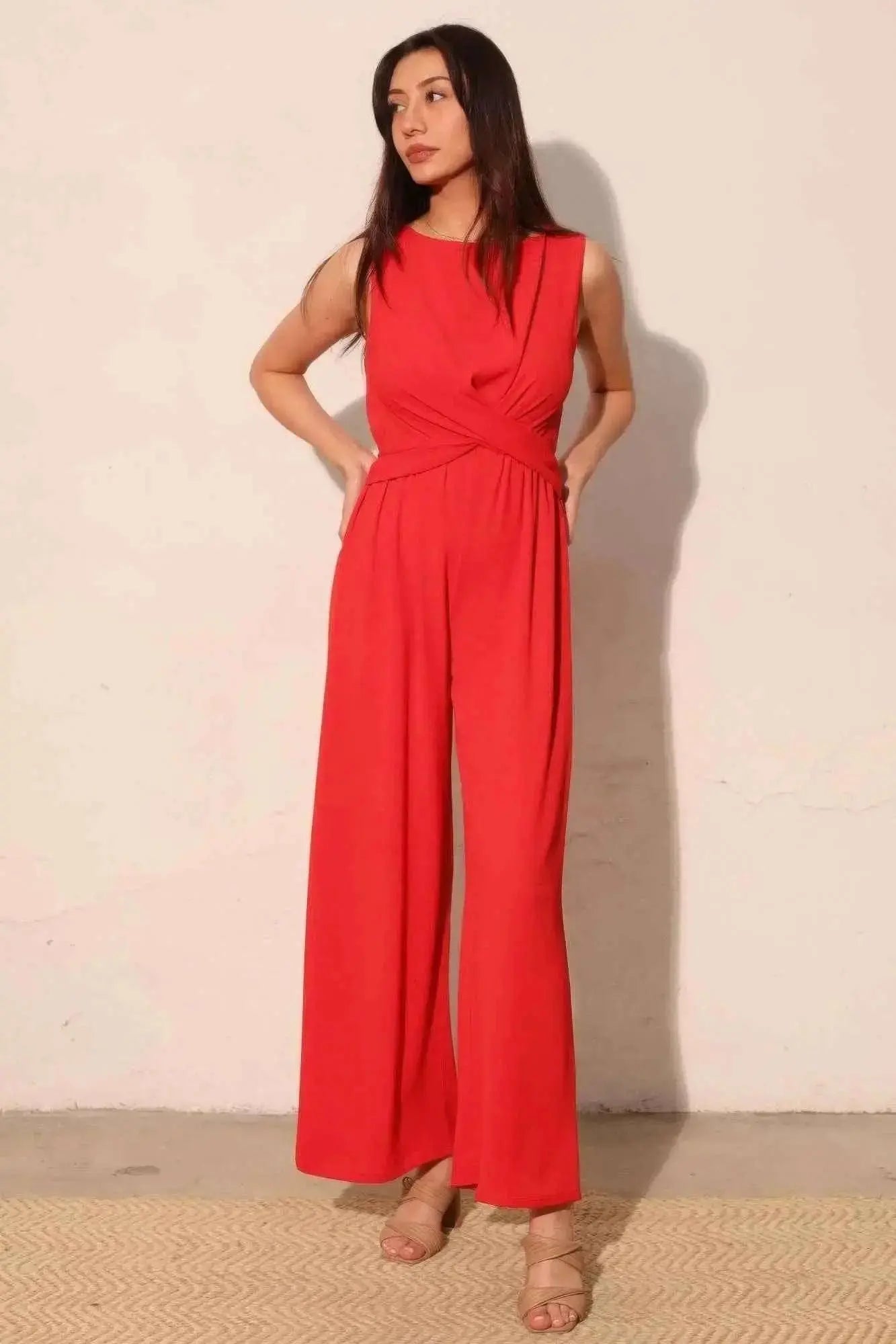 Textured Solid Twist Front Jumpsuit - Mr Lou’s Place