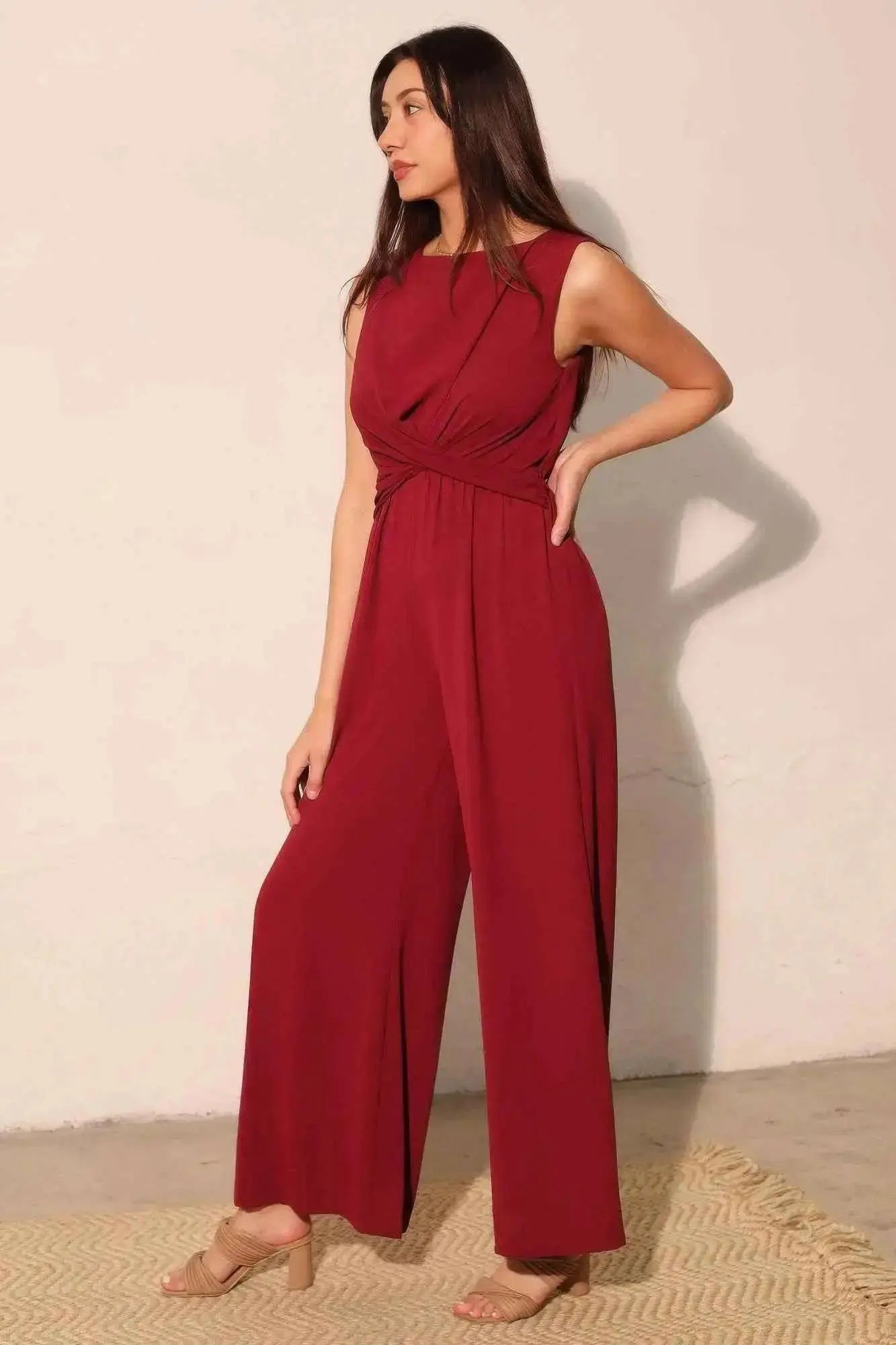 Textured Solid Twist Front Jumpsuit - Mr Lou’s Place