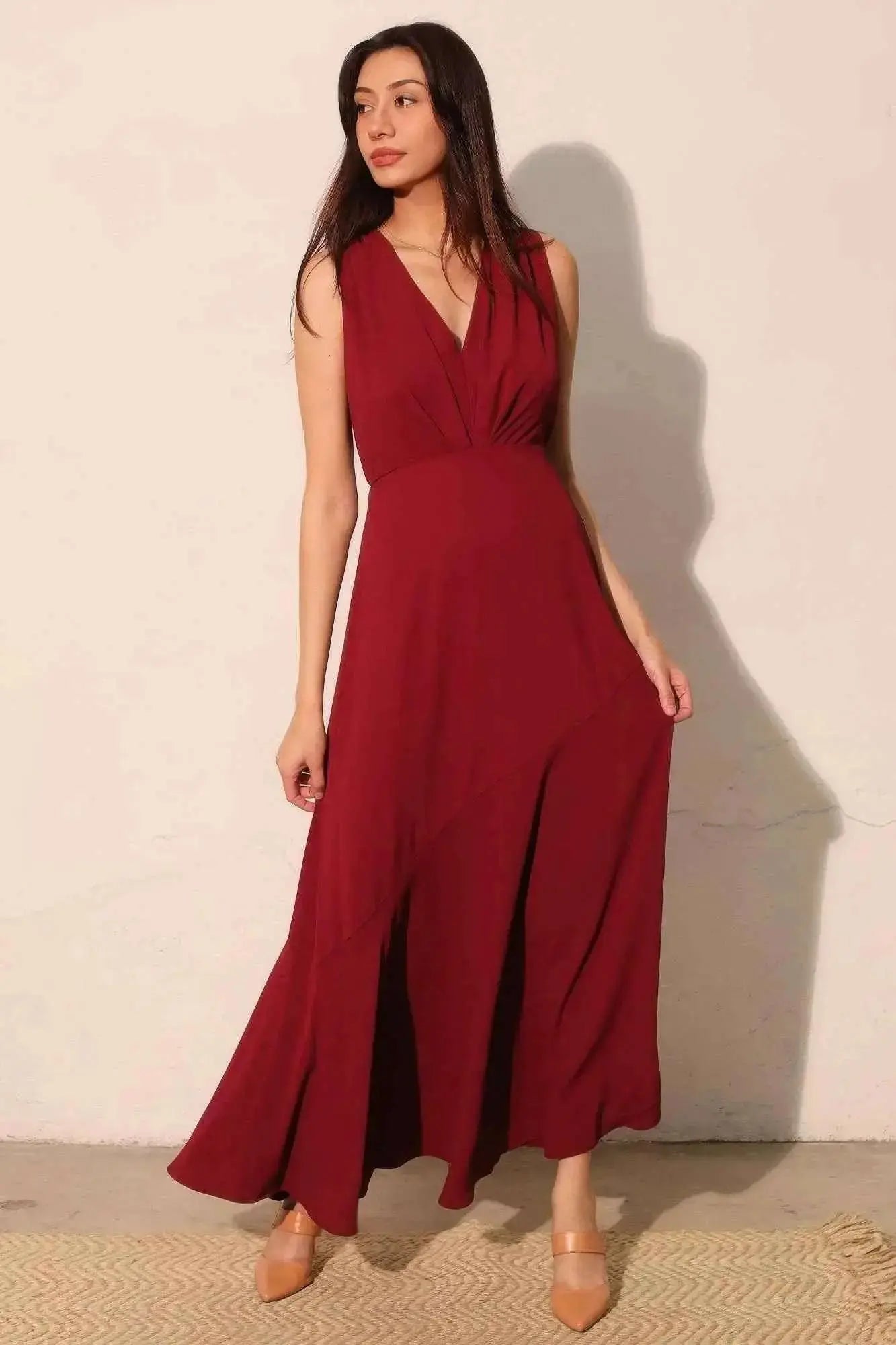Textured Solid V - neck Maxi Dress - Mr Lou’s Place