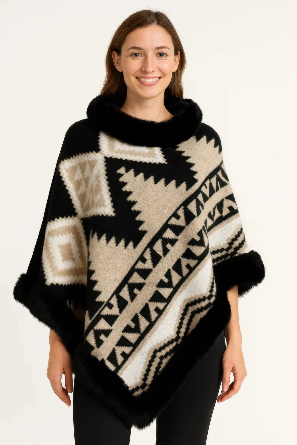 Tribal Luxe Faux Fur Trim Poncho - Mr Lou’s Place
