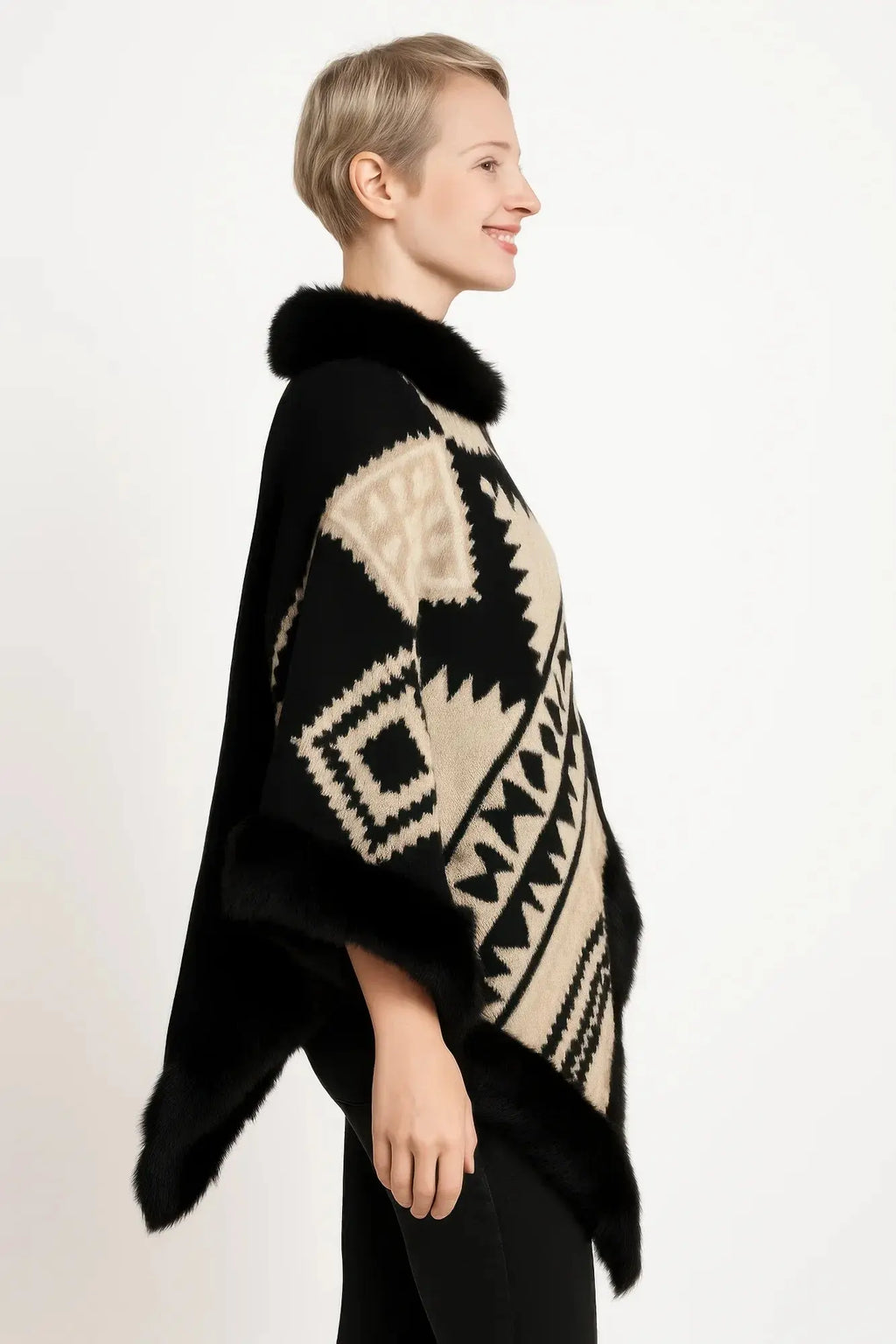 Tribal Luxe Faux Fur Trim Poncho - Mr Lou’s Place