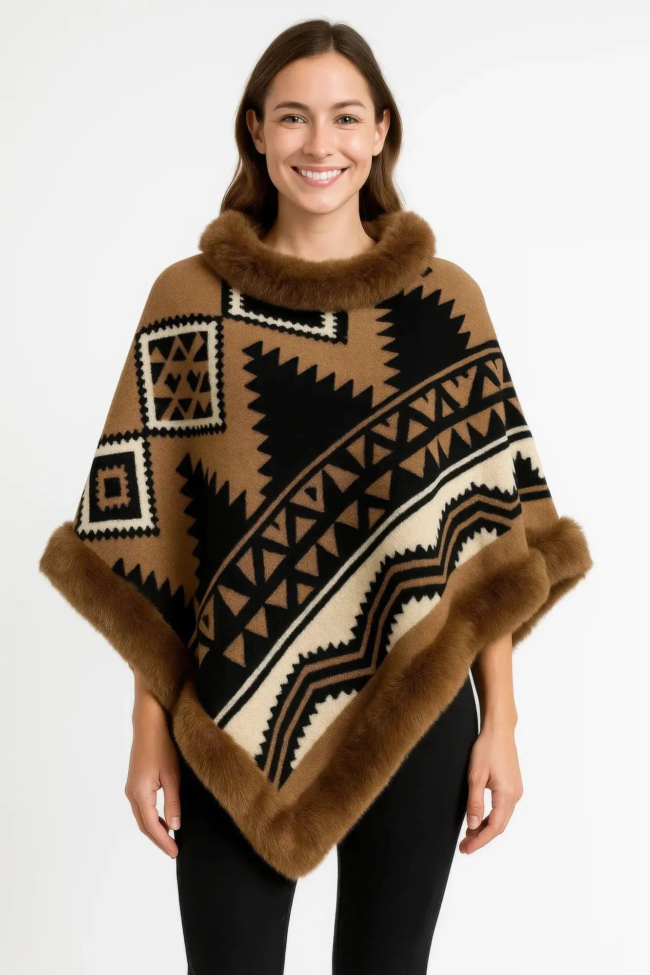 Tribal Luxe Faux Fur Trim Poncho - Mr Lou’s Place