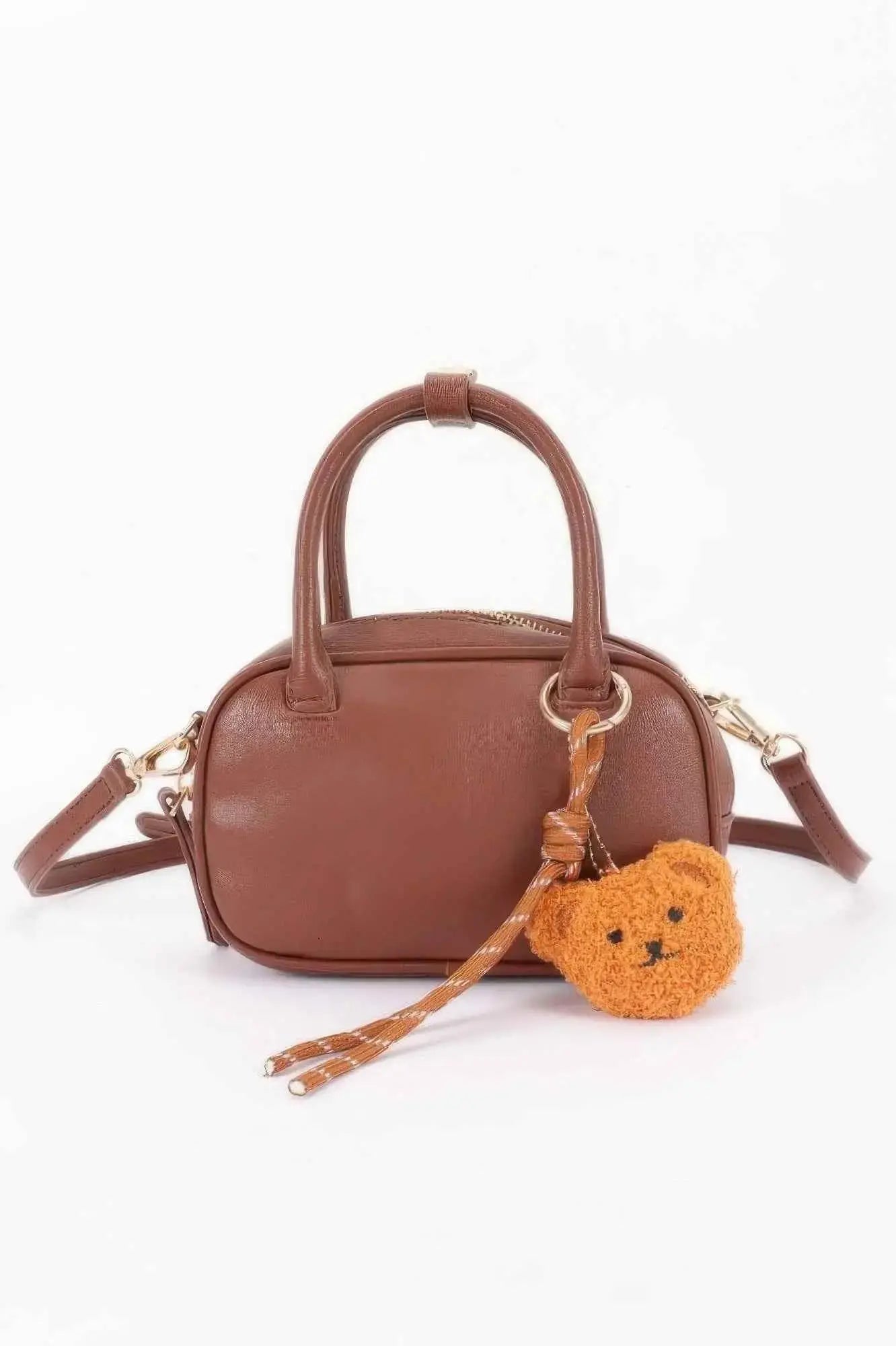 Vegan Leather Mini Bowling Bag With Bear Charm - Mr Lou’s Place