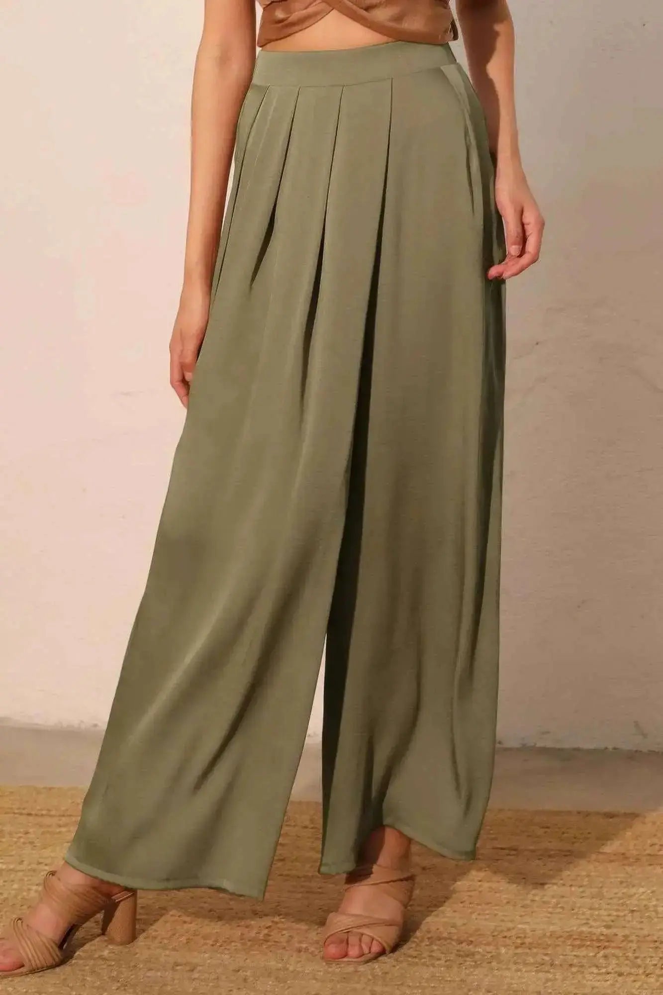 Washed Poly Silk Asymmetrical Pleated Pants - Mr Lou’s Place