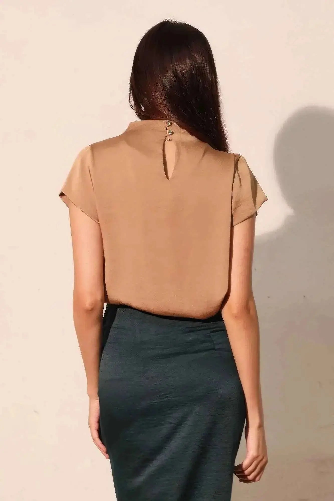 Washed Poly Silk High Neck Short Sleeve Top - Mr Lou’s Place