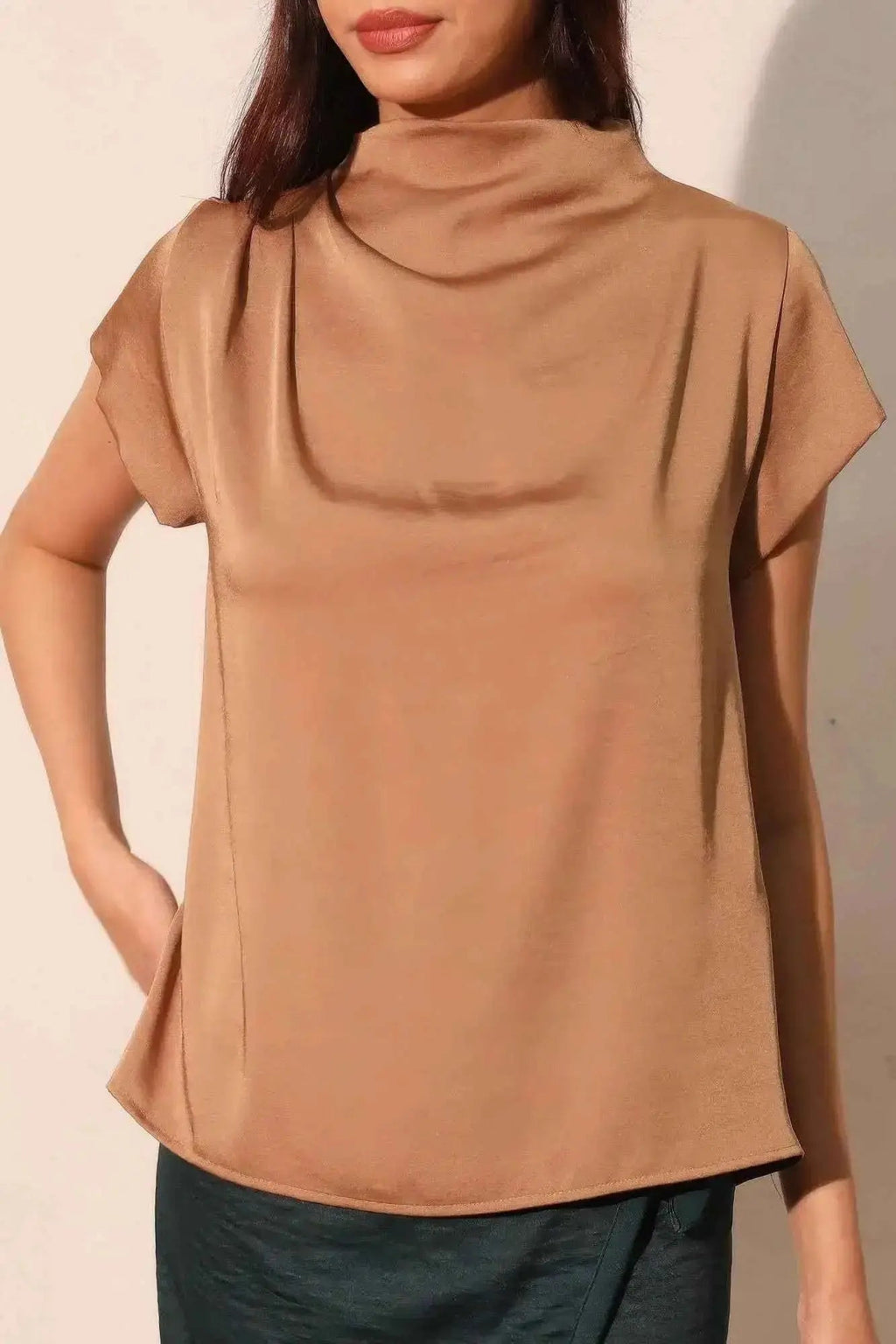Washed Poly Silk High Neck Short Sleeve Top - Mr Lou’s Place