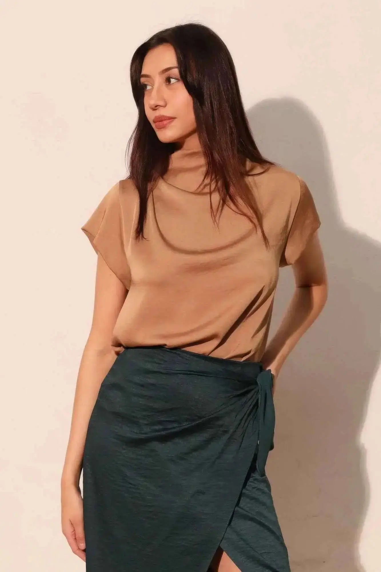 Washed Poly Silk High Neck Short Sleeve Top - Mr Lou’s Place