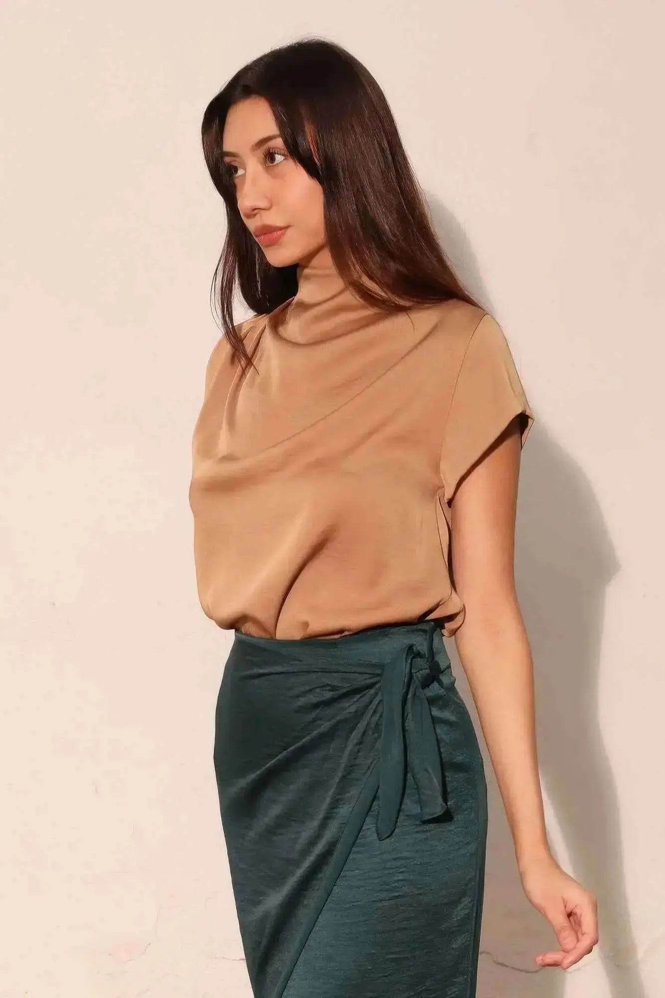 Washed Poly Silk High Neck Short Sleeve Top - Mr Lou’s Place