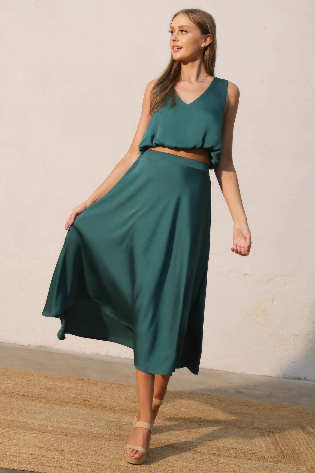 Washed Poly Silk Midi Swing Skirt - Mr Lou’s Place