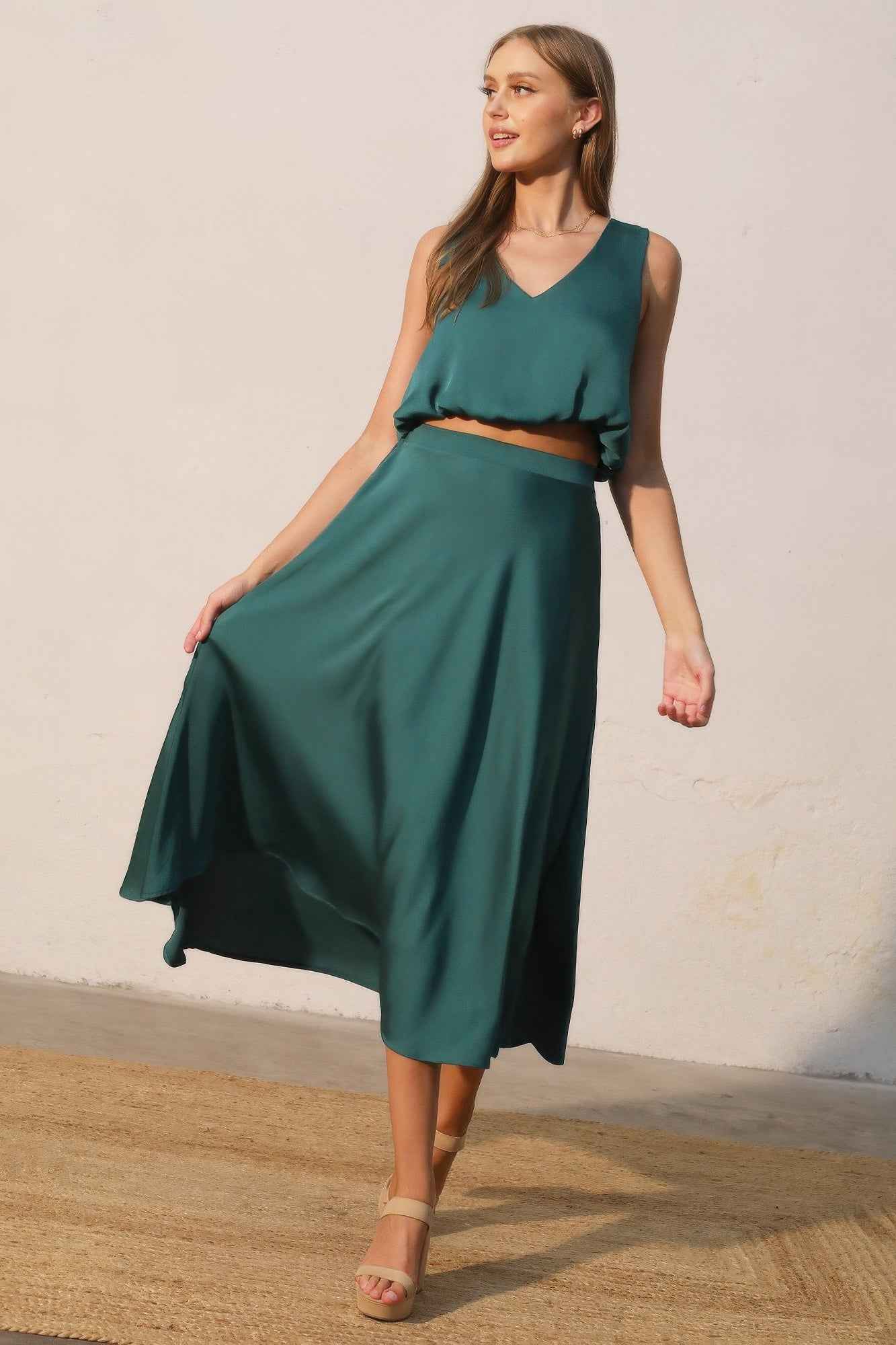 Washed Poly Silk Midi Swing Skirt - Mr Lou’s Place