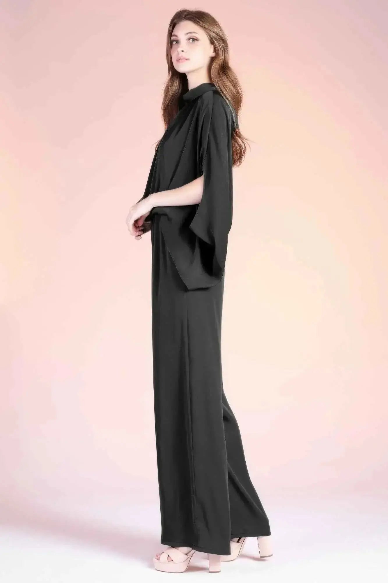 Washed Poly Silk Mock Neck Caftan Jumpsuit - Mr Lou’s Place