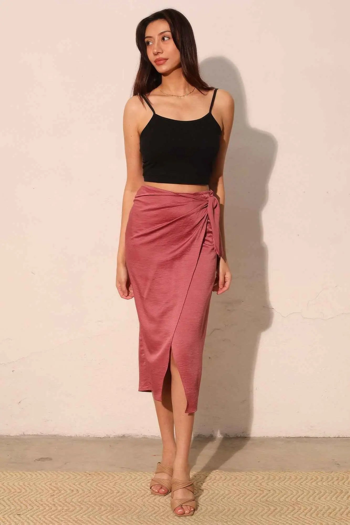 Washed Satin Crepe Side Wrap Midi Skirt - Mr Lou’s Place
