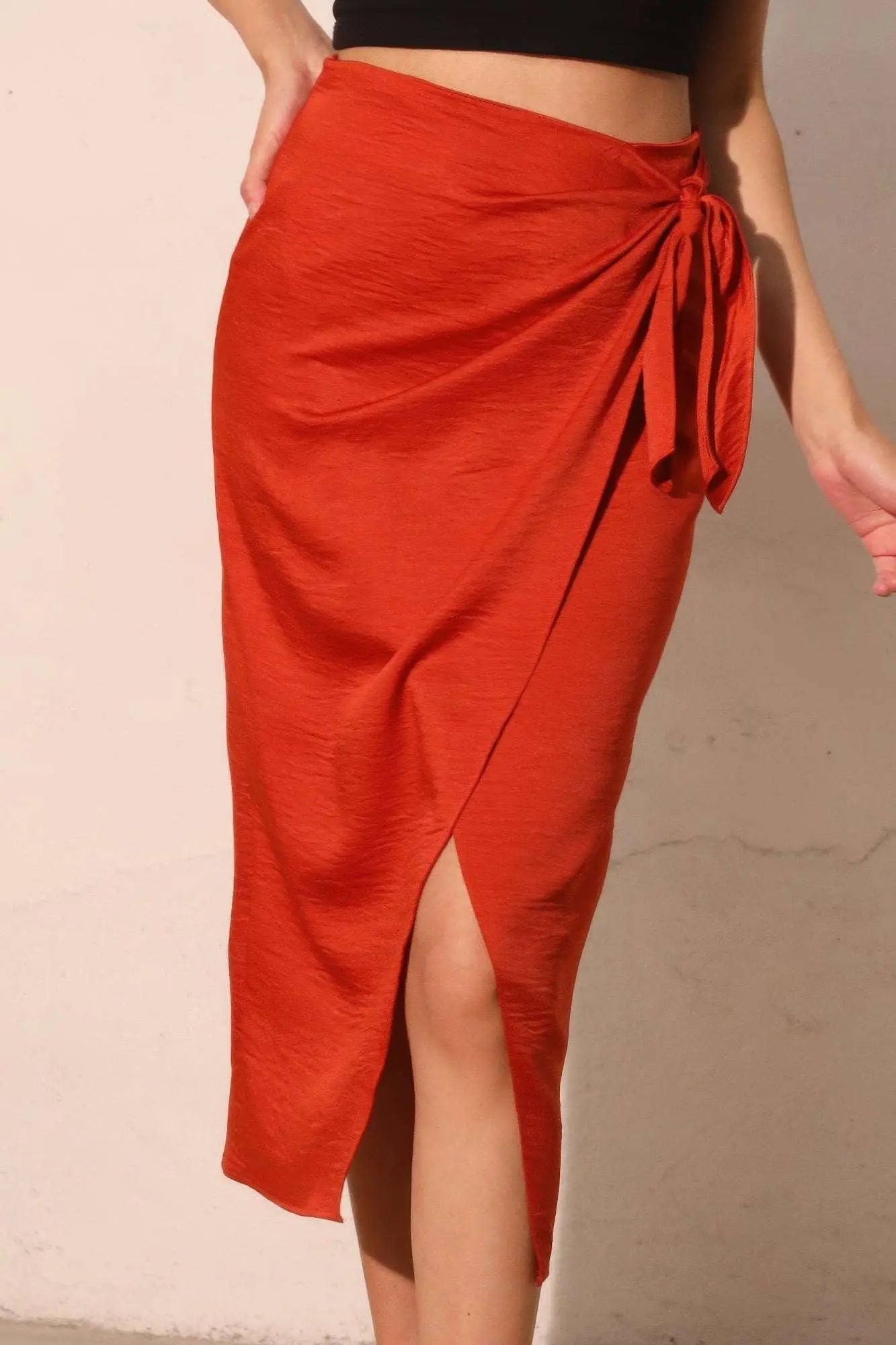 Washed Satin Crepe Side Wrap Midi Skirt - Mr Lou’s Place