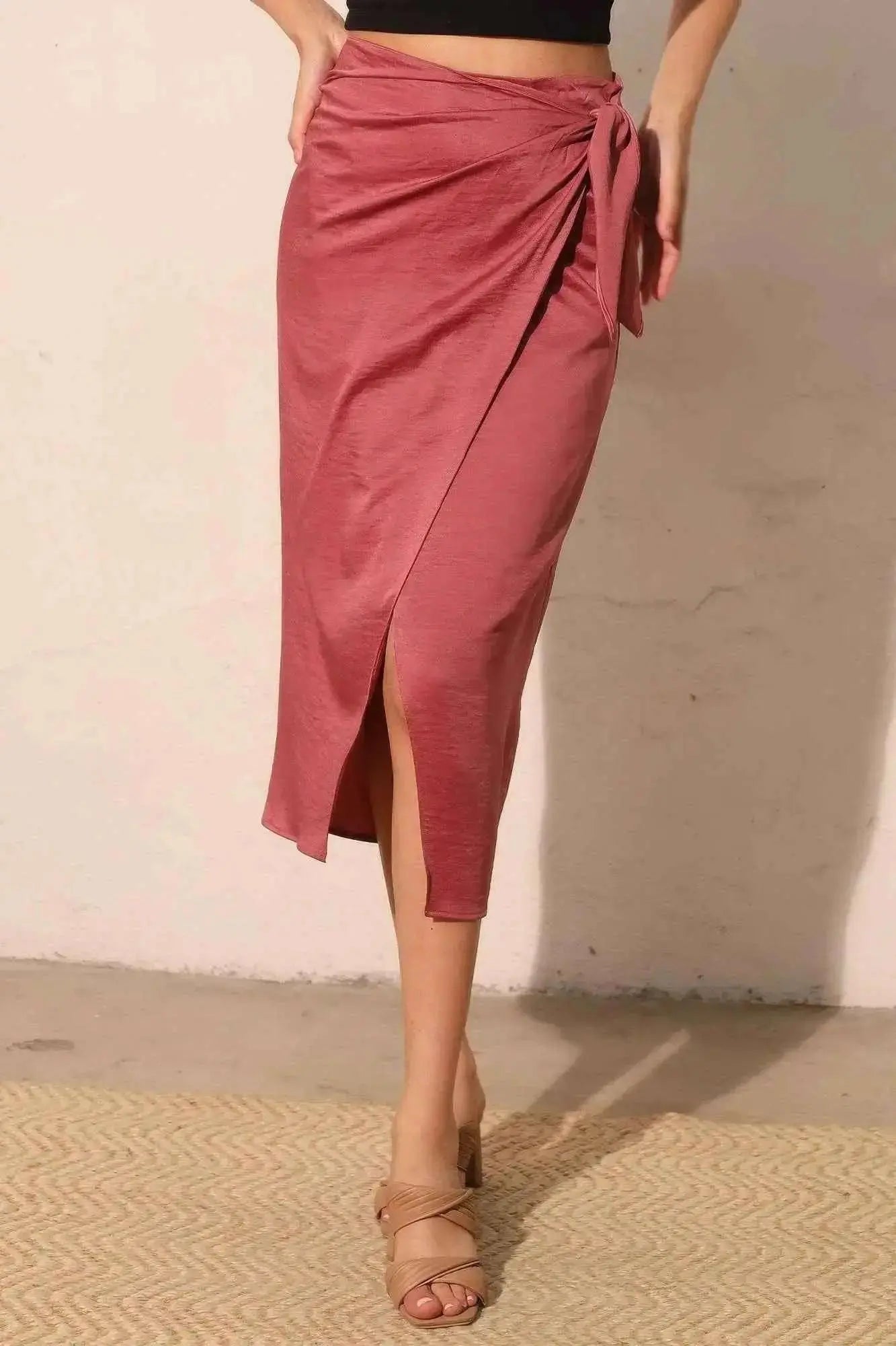 Washed Satin Crepe Side Wrap Midi Skirt - Mr Lou’s Place