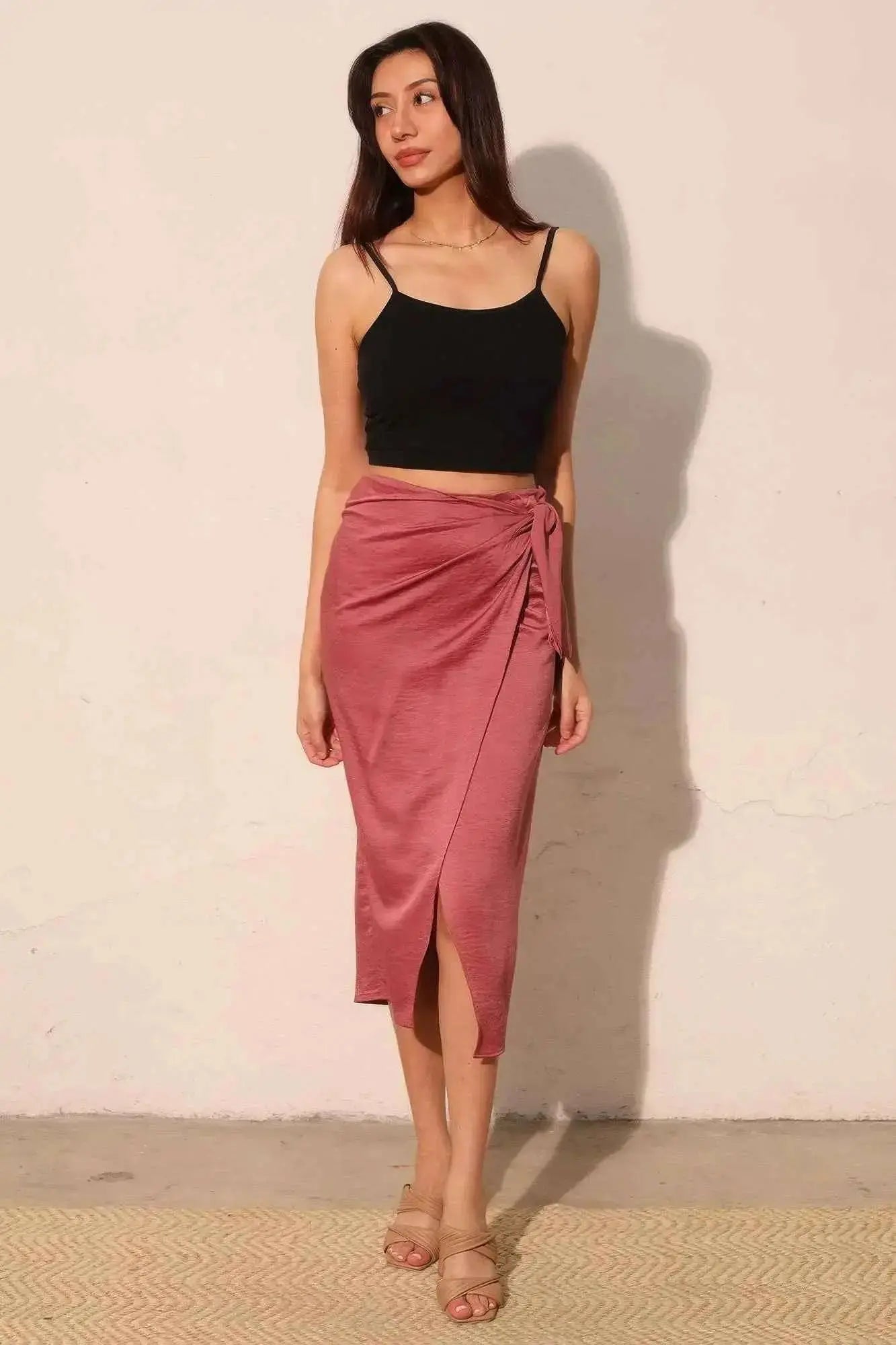 Washed Satin Crepe Side Wrap Midi Skirt - Mr Lou’s Place