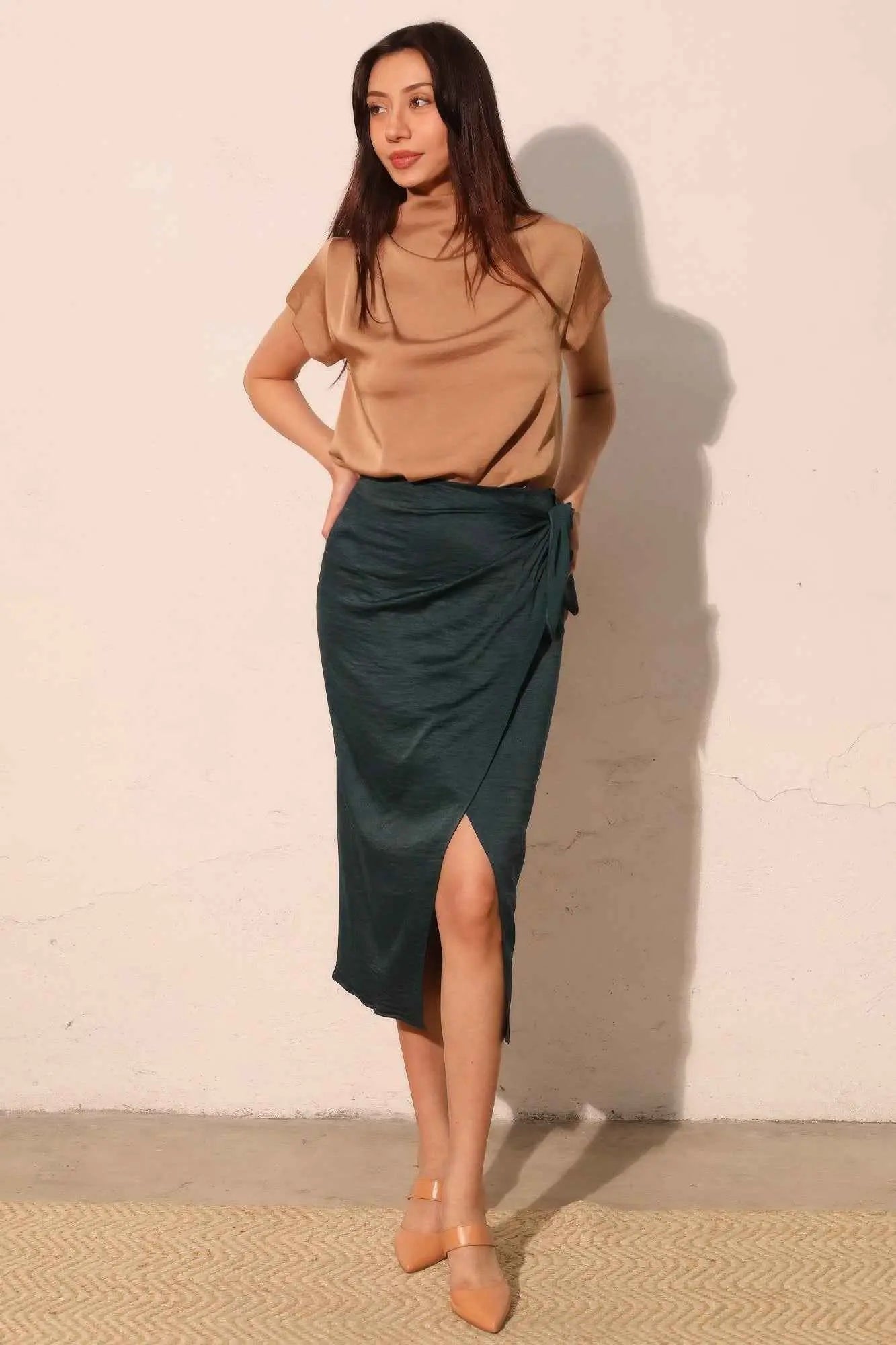 Washed Satin Crepe Side Wrap Midi Skirt - Mr Lou’s Place