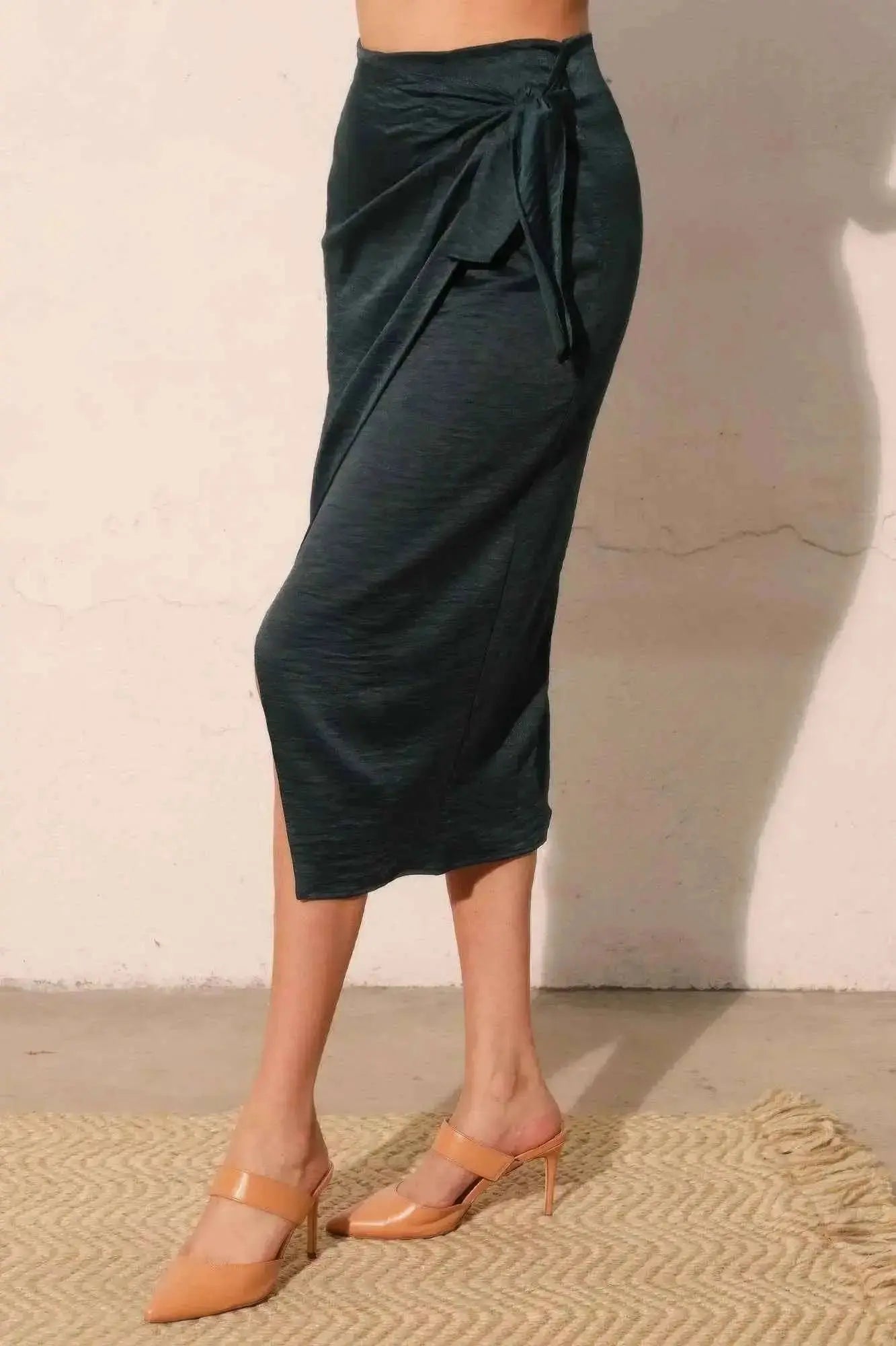 Washed Satin Crepe Side Wrap Midi Skirt - Mr Lou’s Place