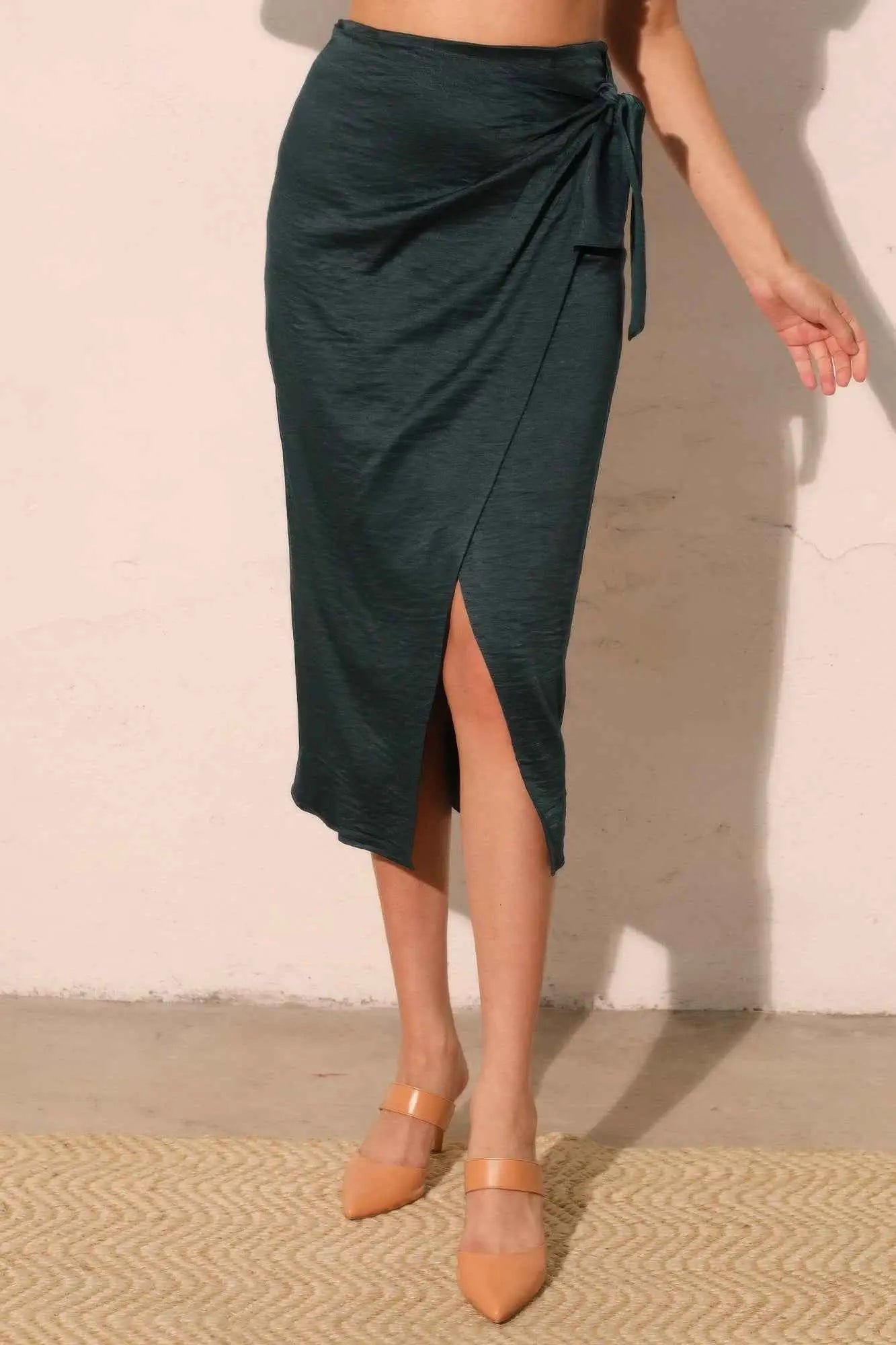 Washed Satin Crepe Side Wrap Midi Skirt - Mr Lou’s Place