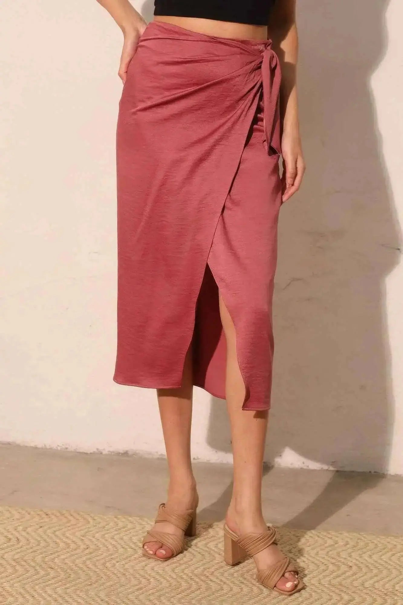 Washed Satin Crepe Side Wrap Midi Skirt - Mr Lou’s Place