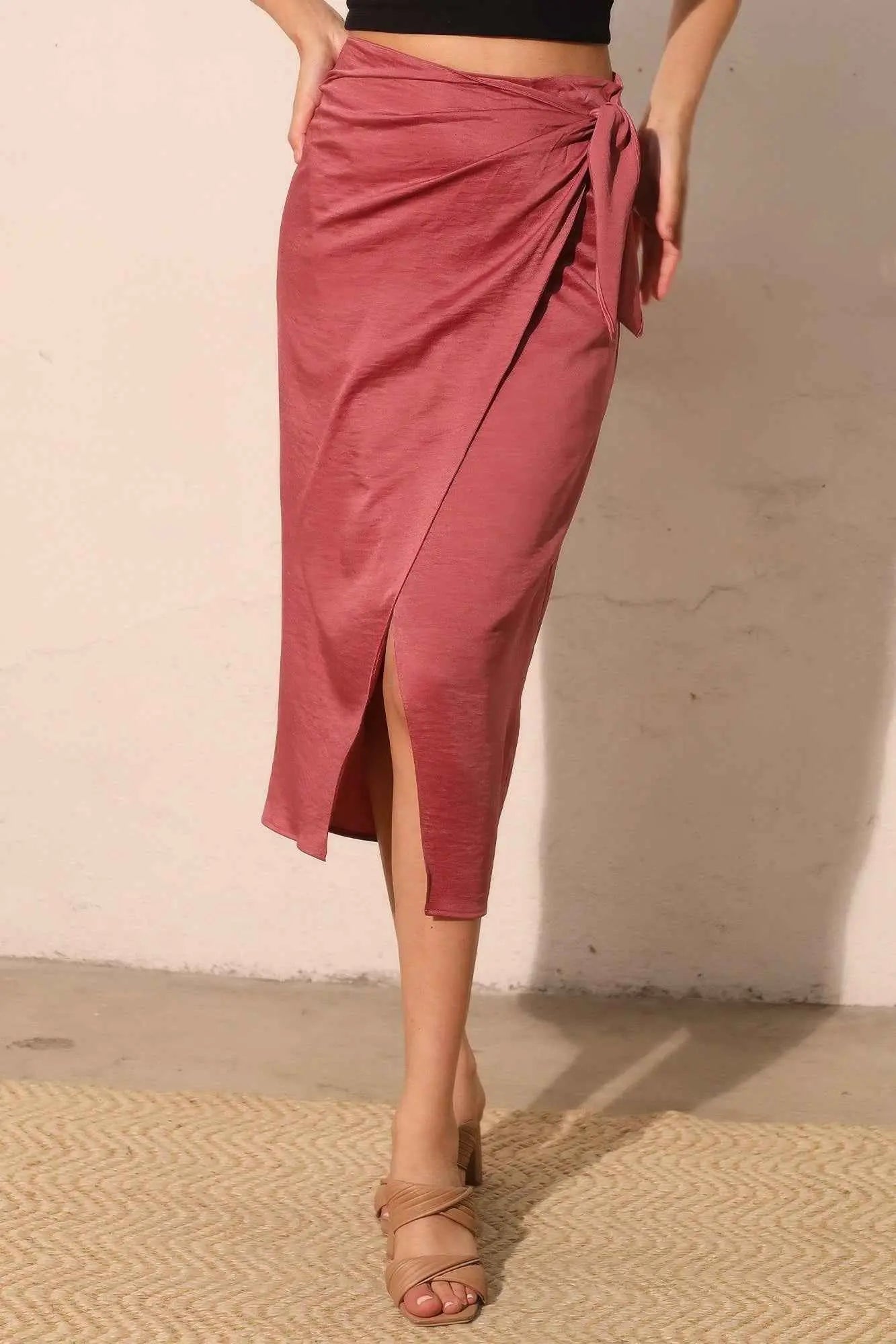 Washed Satin Crepe Side Wrap Midi Skirt - Mr Lou’s Place