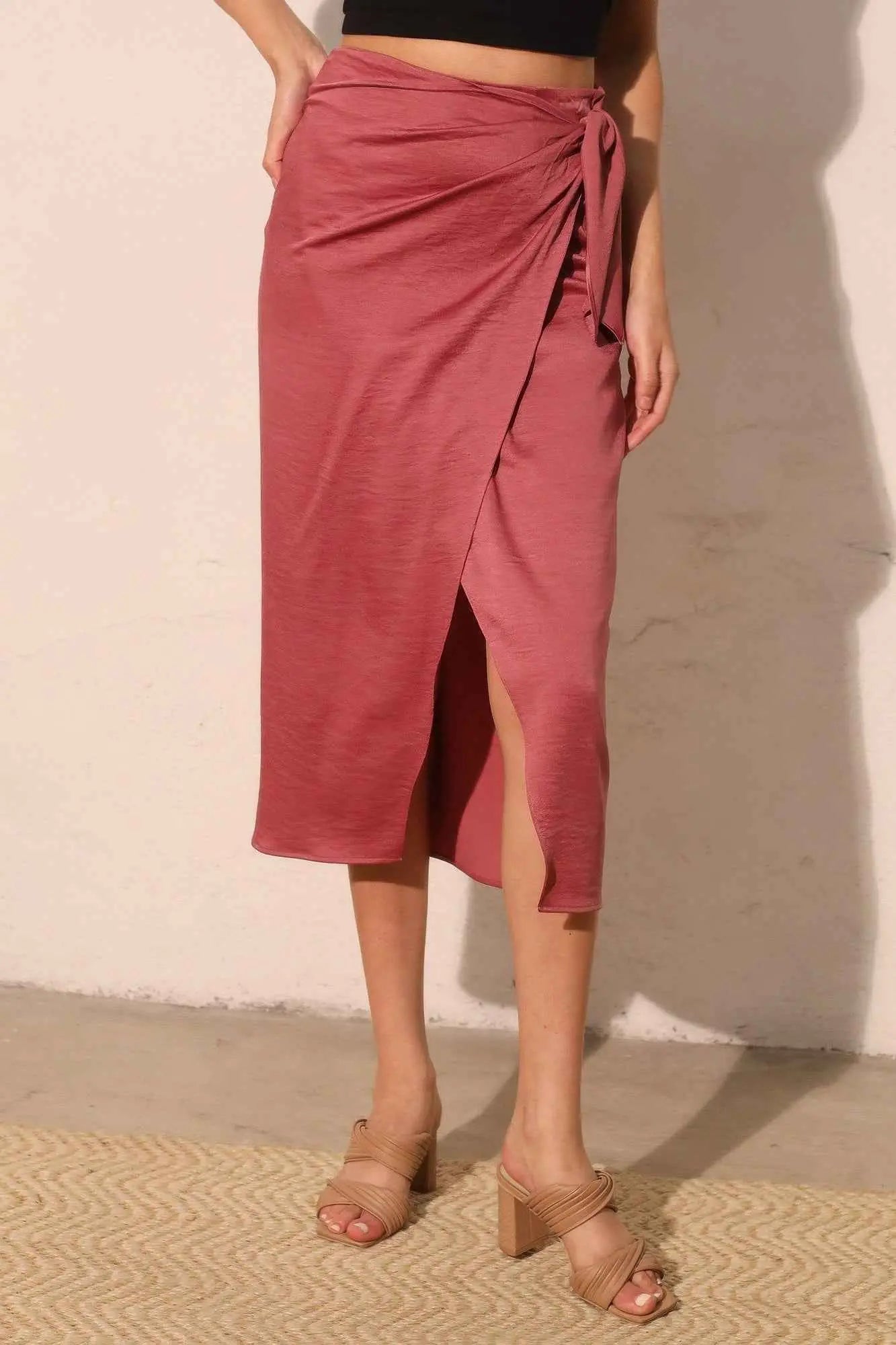Washed Satin Crepe Side Wrap Midi Skirt - Mr Lou’s Place
