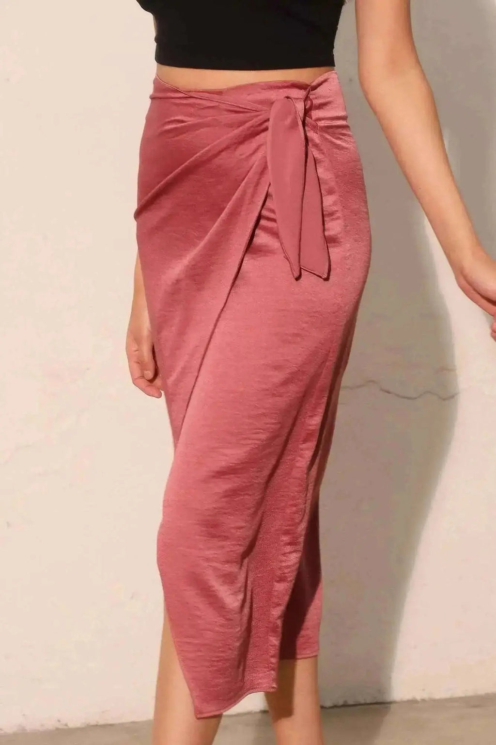 Washed Satin Crepe Side Wrap Midi Skirt - Mr Lou’s Place