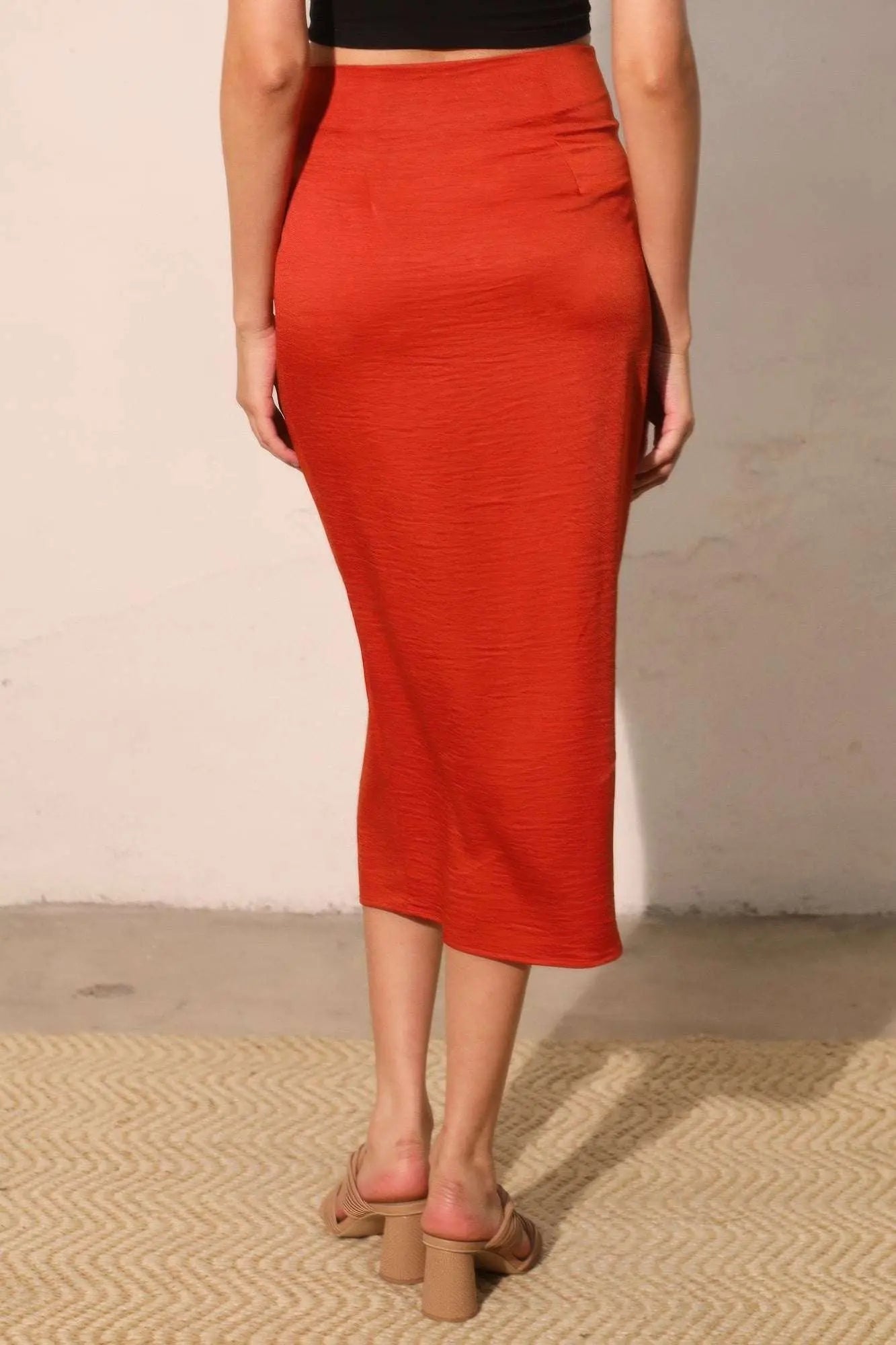 Washed Satin Crepe Side Wrap Midi Skirt - Mr Lou’s Place