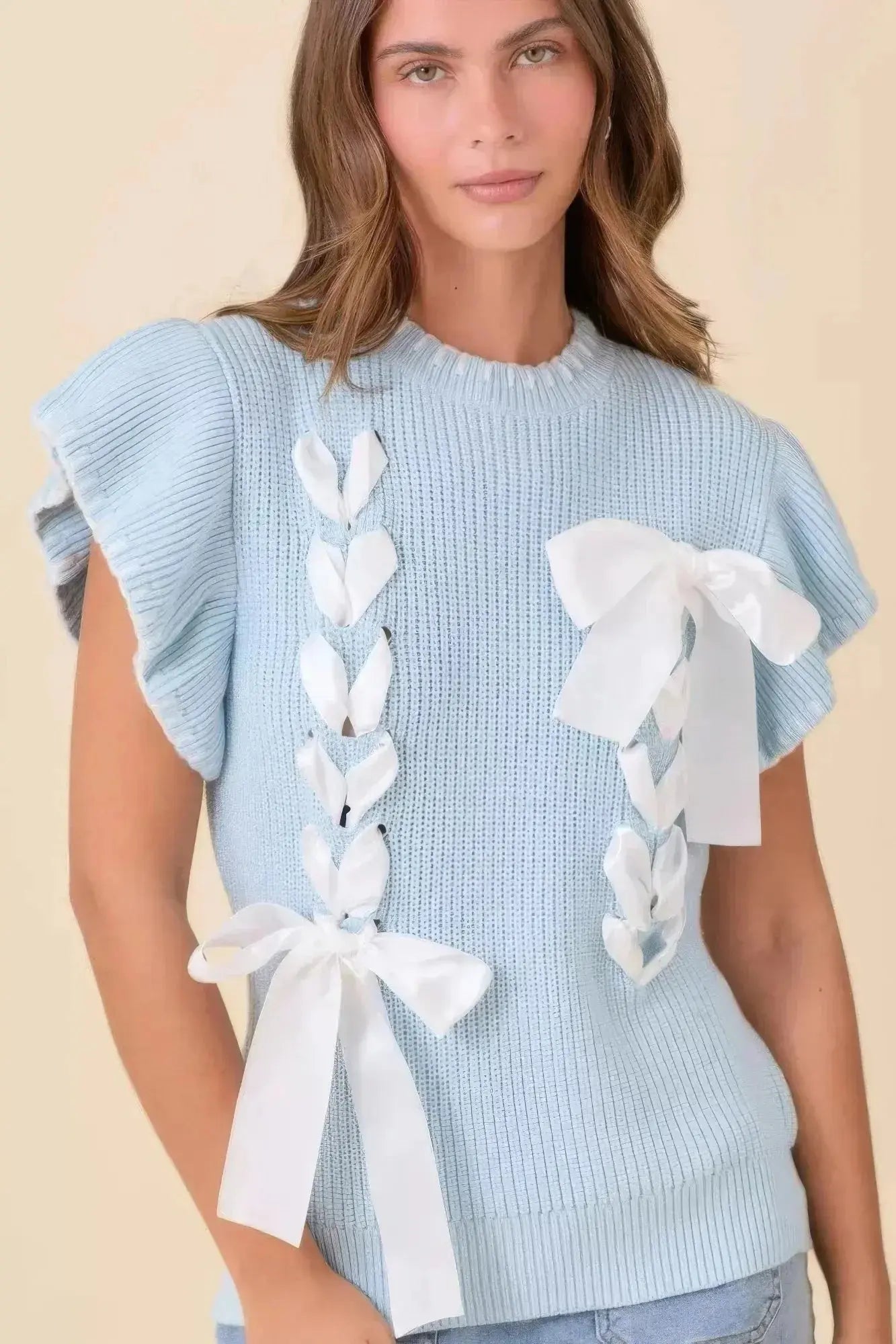 Weaved Ribbon Bow Detail Sweater Knit Top - Mr Lou’s Place