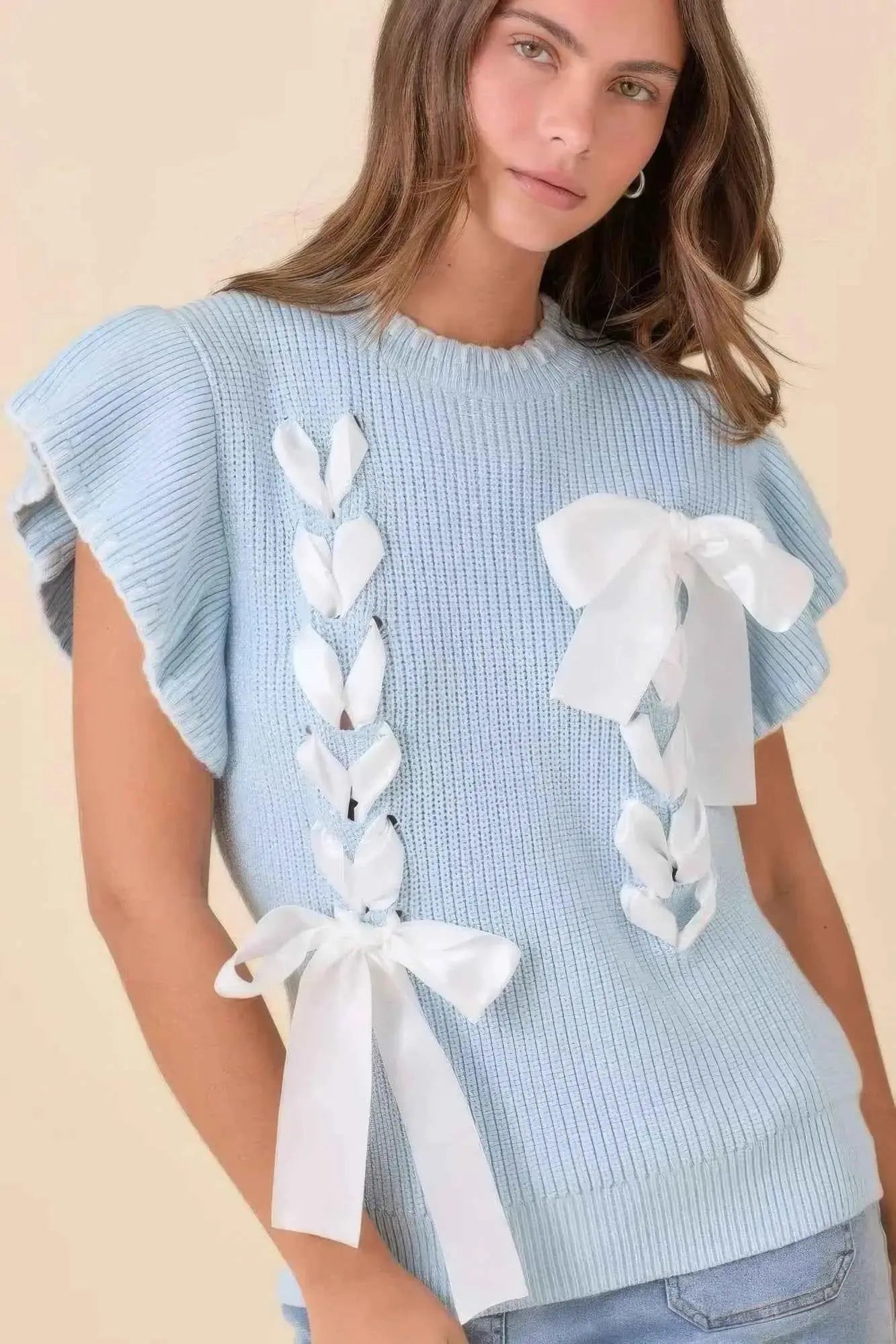 Weaved Ribbon Bow Detail Sweater Knit Top - Mr Lou’s Place