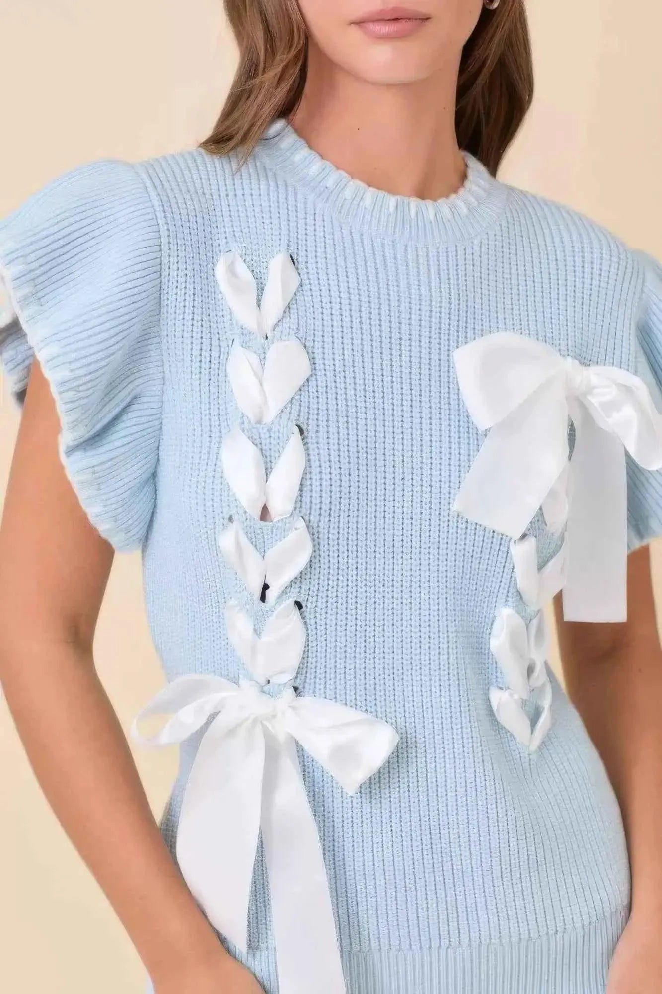 Weaved Ribbon Bow Detail Sweater Knit Top - Mr Lou’s Place
