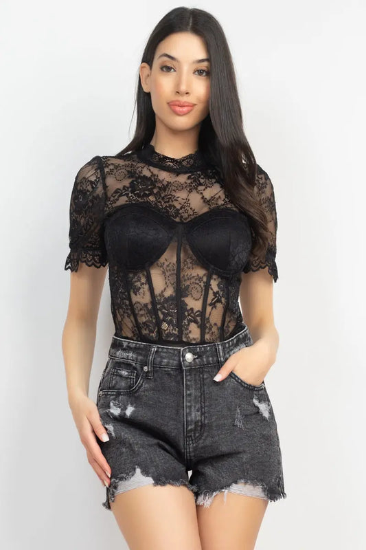 Floral Lace Corset Keyhole Bodysuit - Mr Lou’s Place