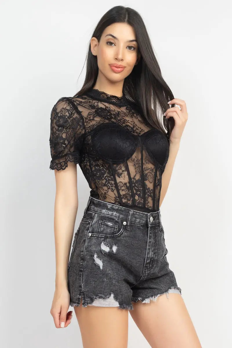 Floral Lace Corset Keyhole Bodysuit - Mr Lou’s Place